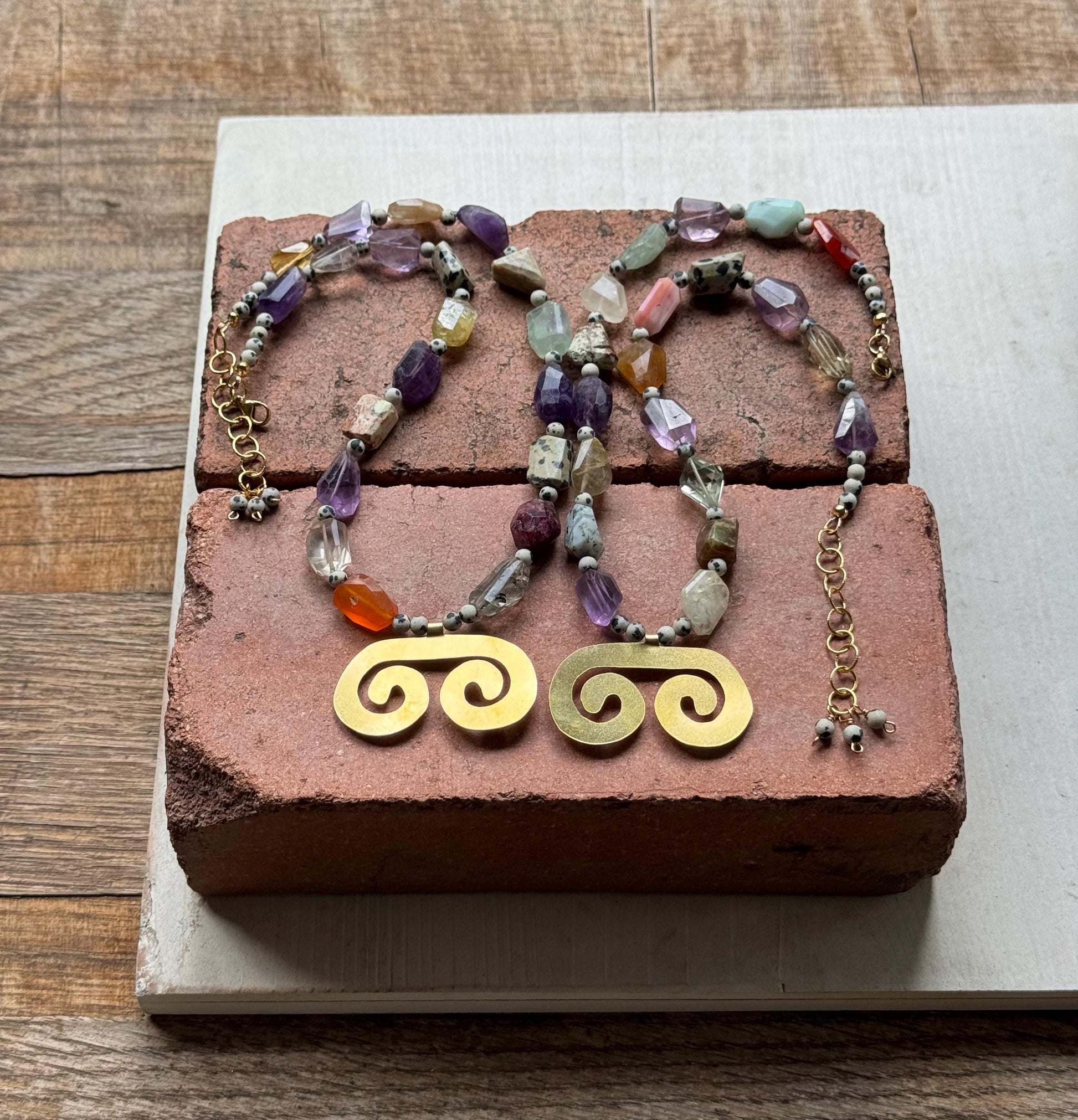 Pre-Columbian style brass double spiral Necklace: Multi Gemstone necklace