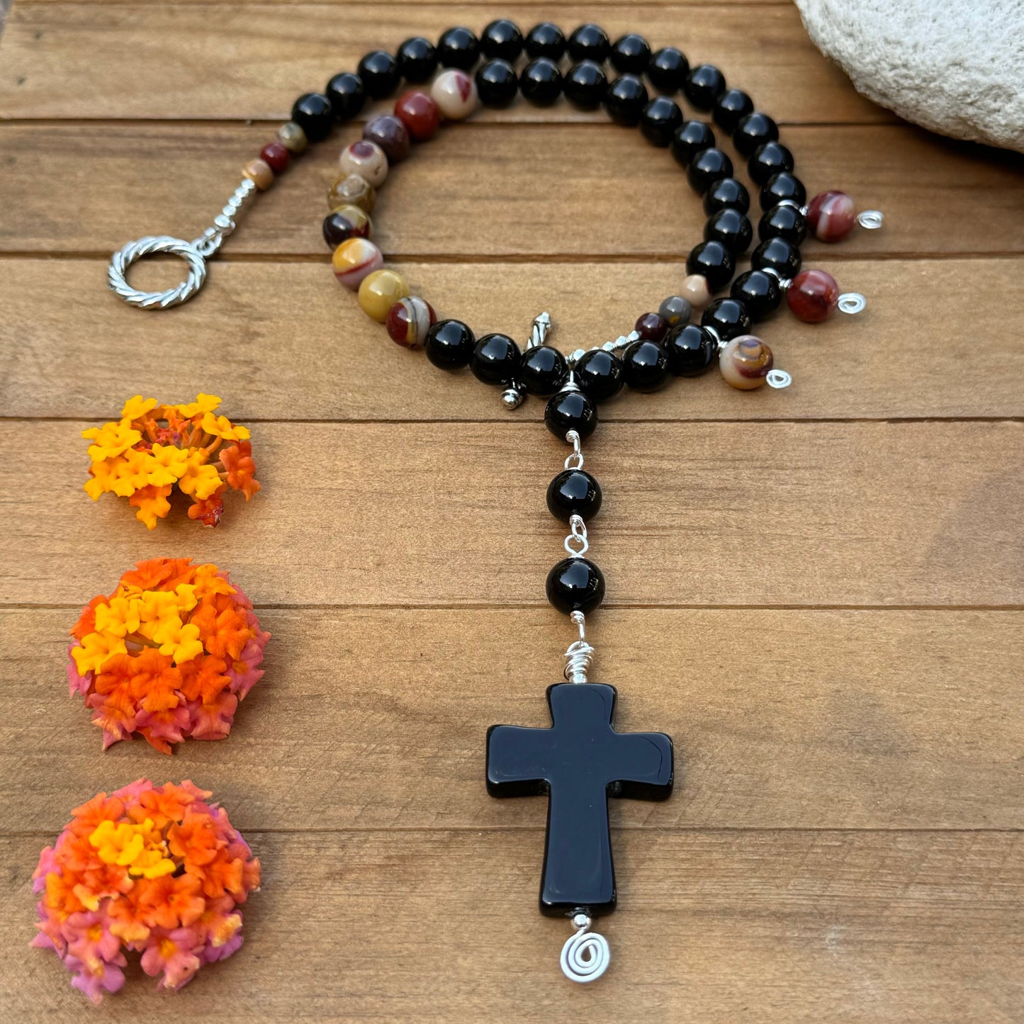 Rosary style black stone necklace, Onyx cross and Mookaite jasper necklace