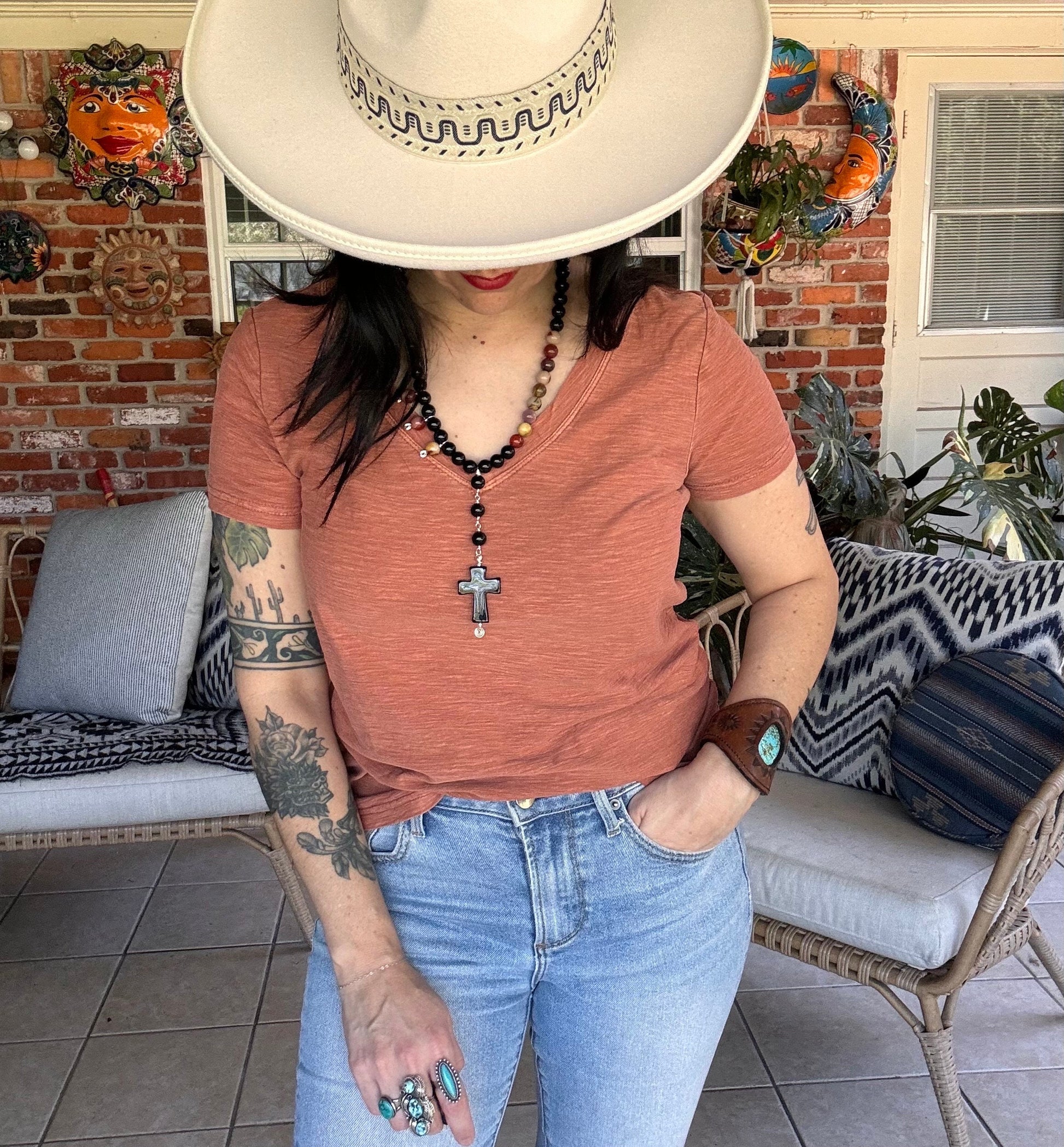 Rosary style black stone necklace, Onyx cross and Mookaite jasper necklace