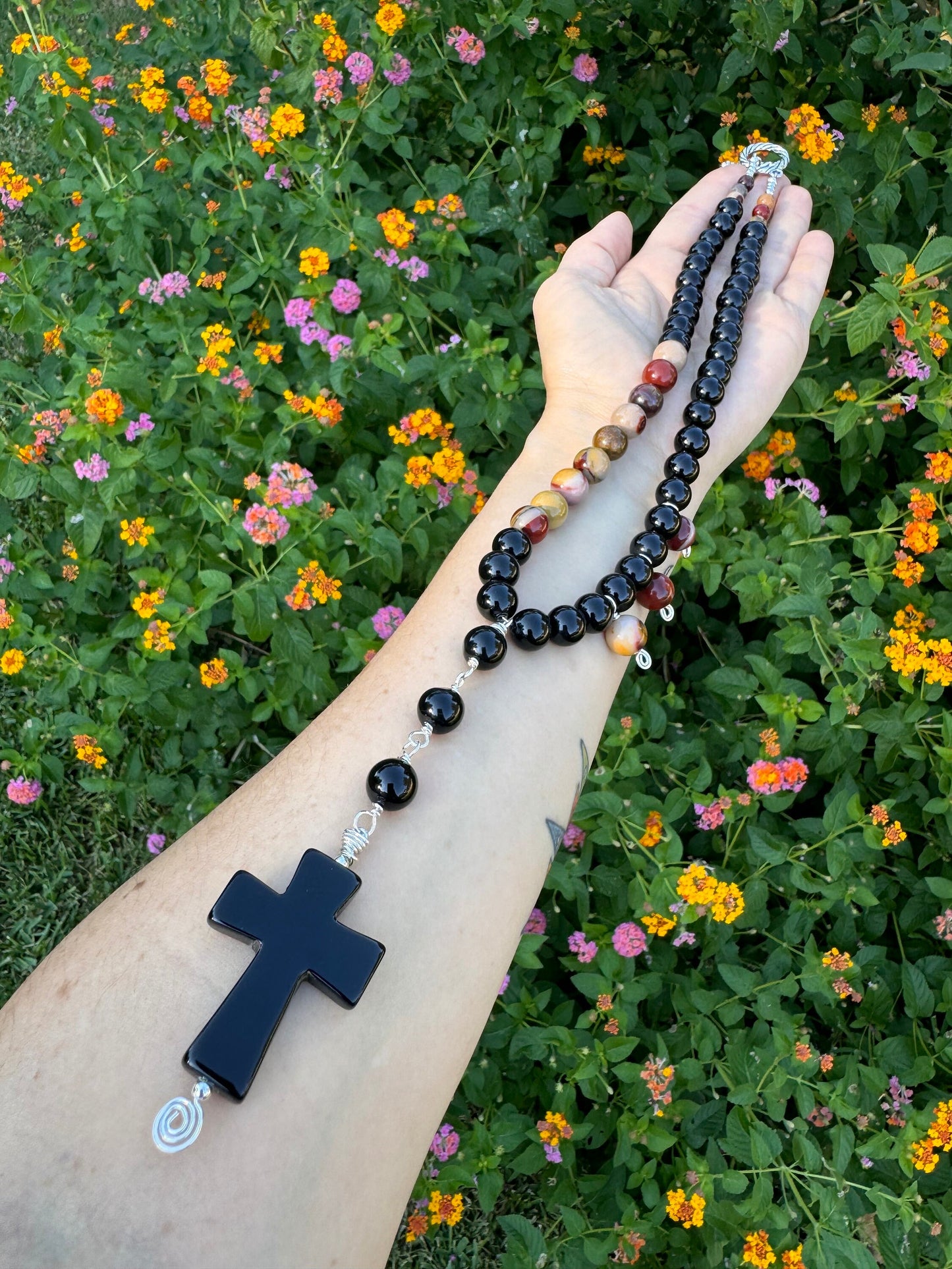 Rosary style black stone necklace, Onyx cross and Mookaite jasper necklace