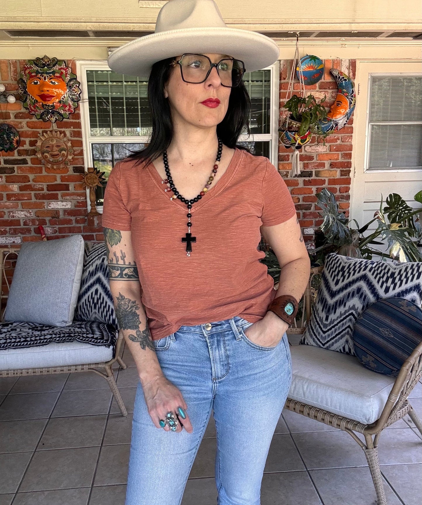 Rosary style black stone necklace, Onyx cross and Mookaite jasper necklace