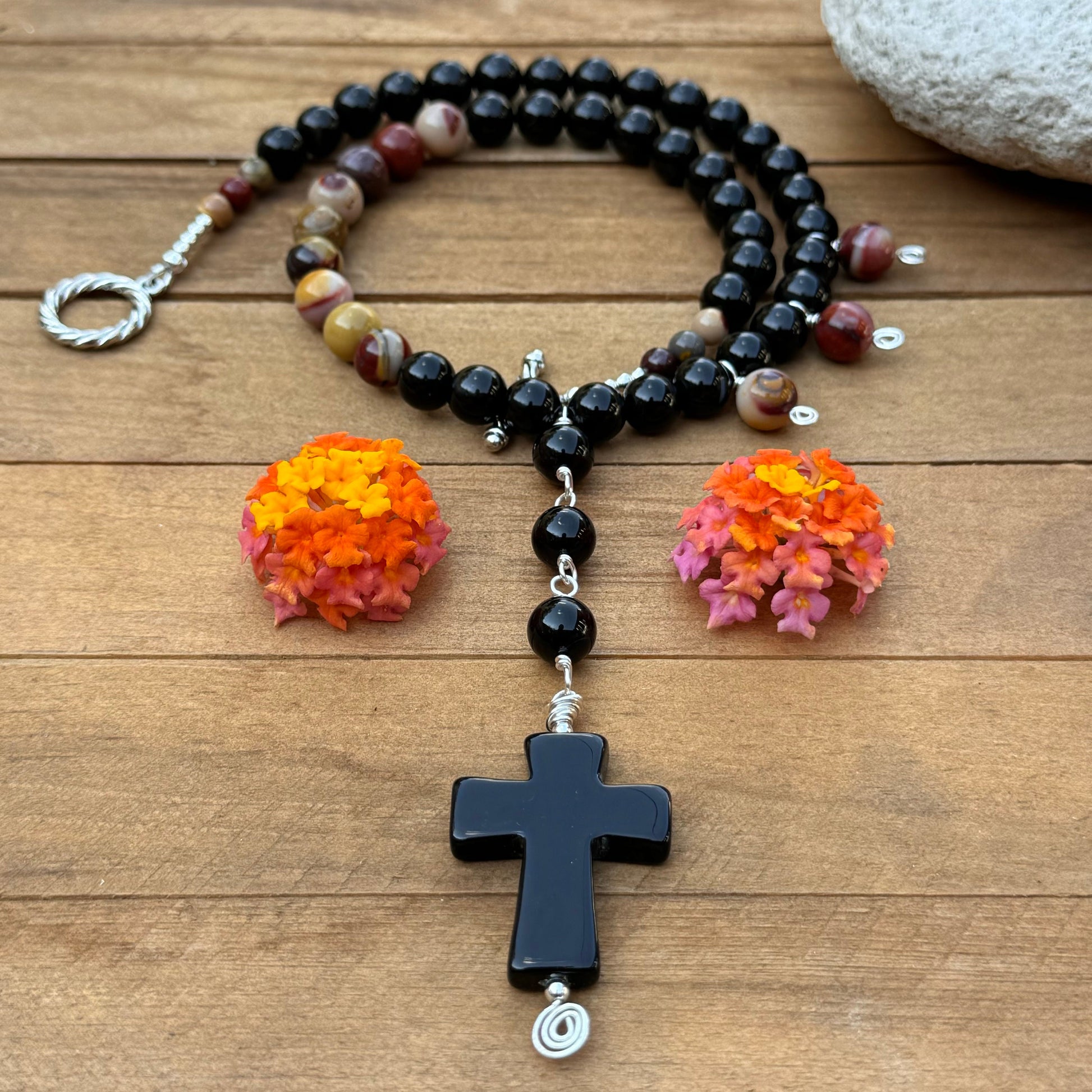 Rosary style black stone necklace, Onyx cross and Mookaite jasper necklace