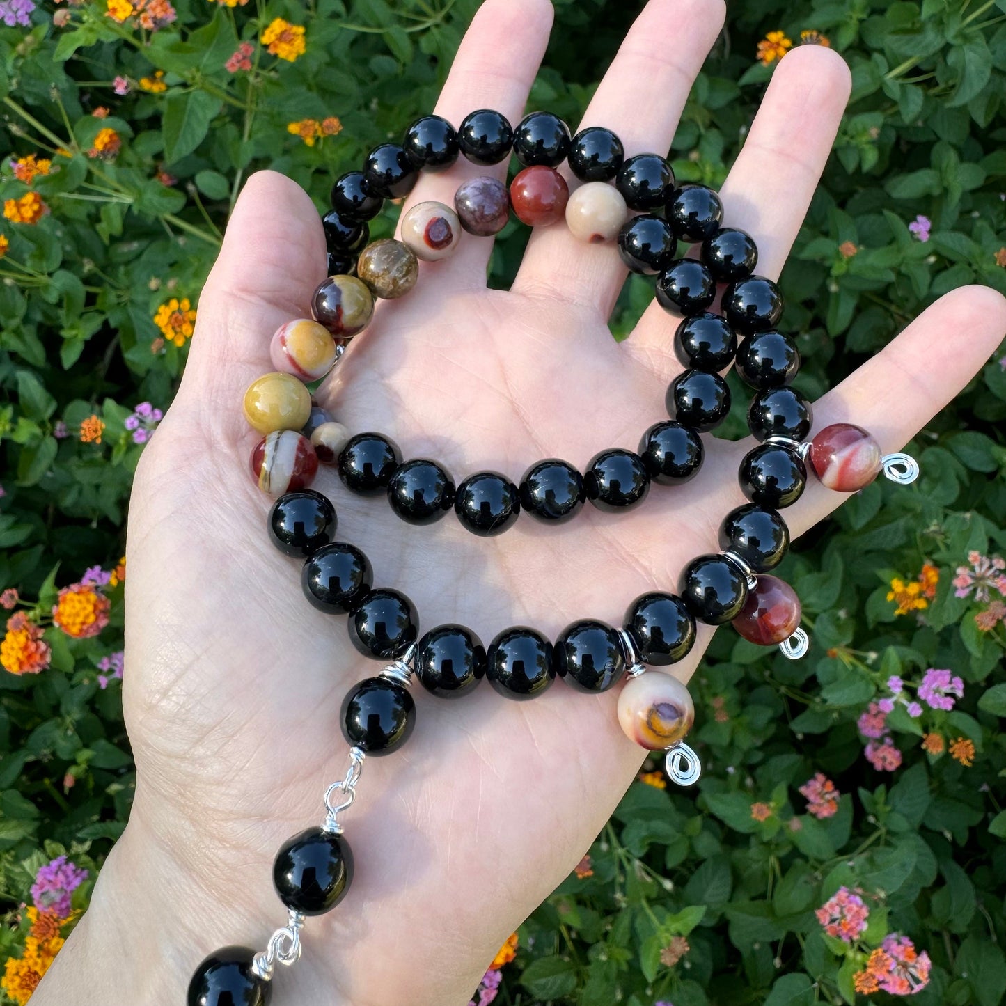 Rosary style black stone necklace, Onyx cross and Mookaite jasper necklace
