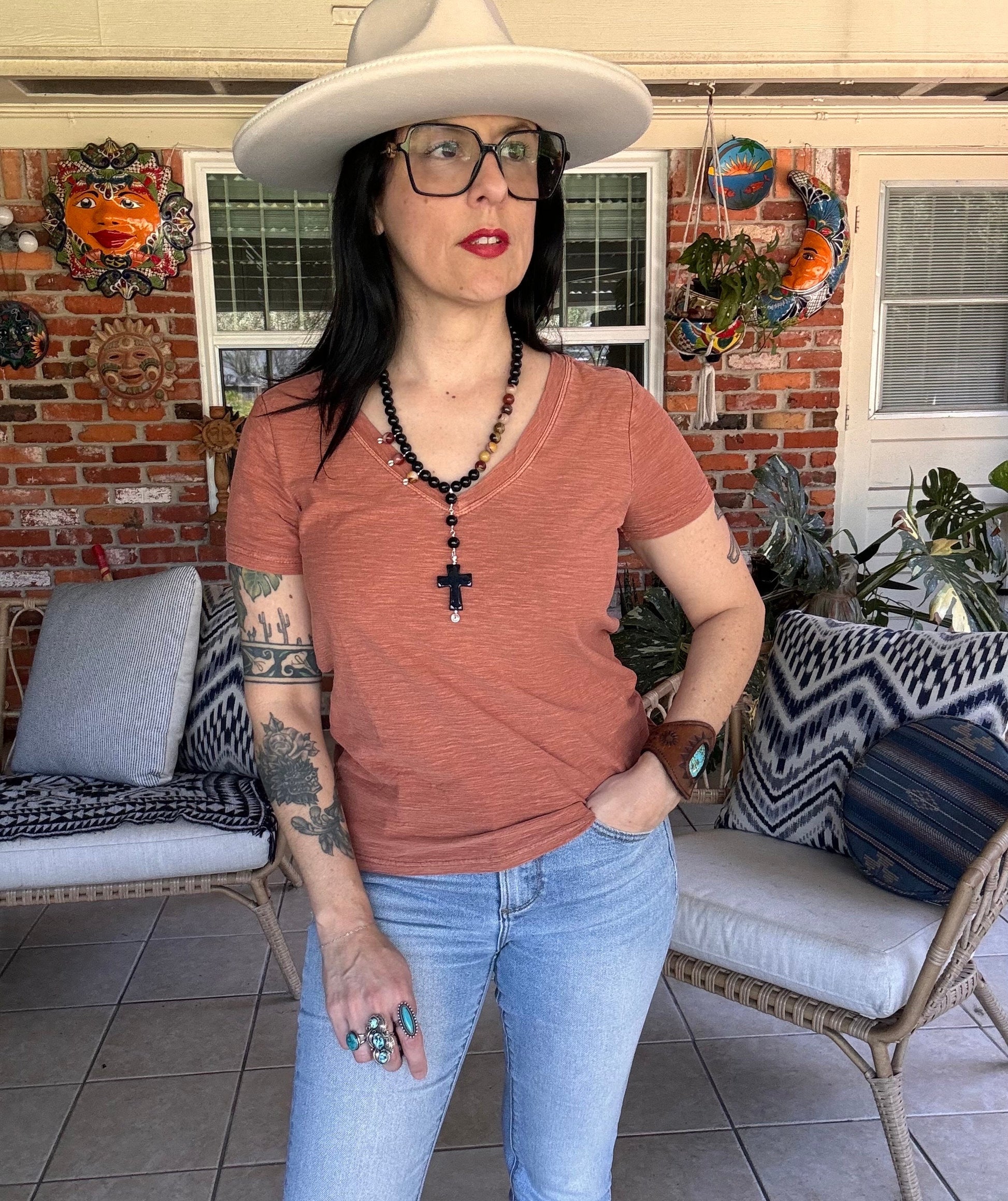 Rosary style black stone necklace, Onyx cross and Mookaite jasper necklace