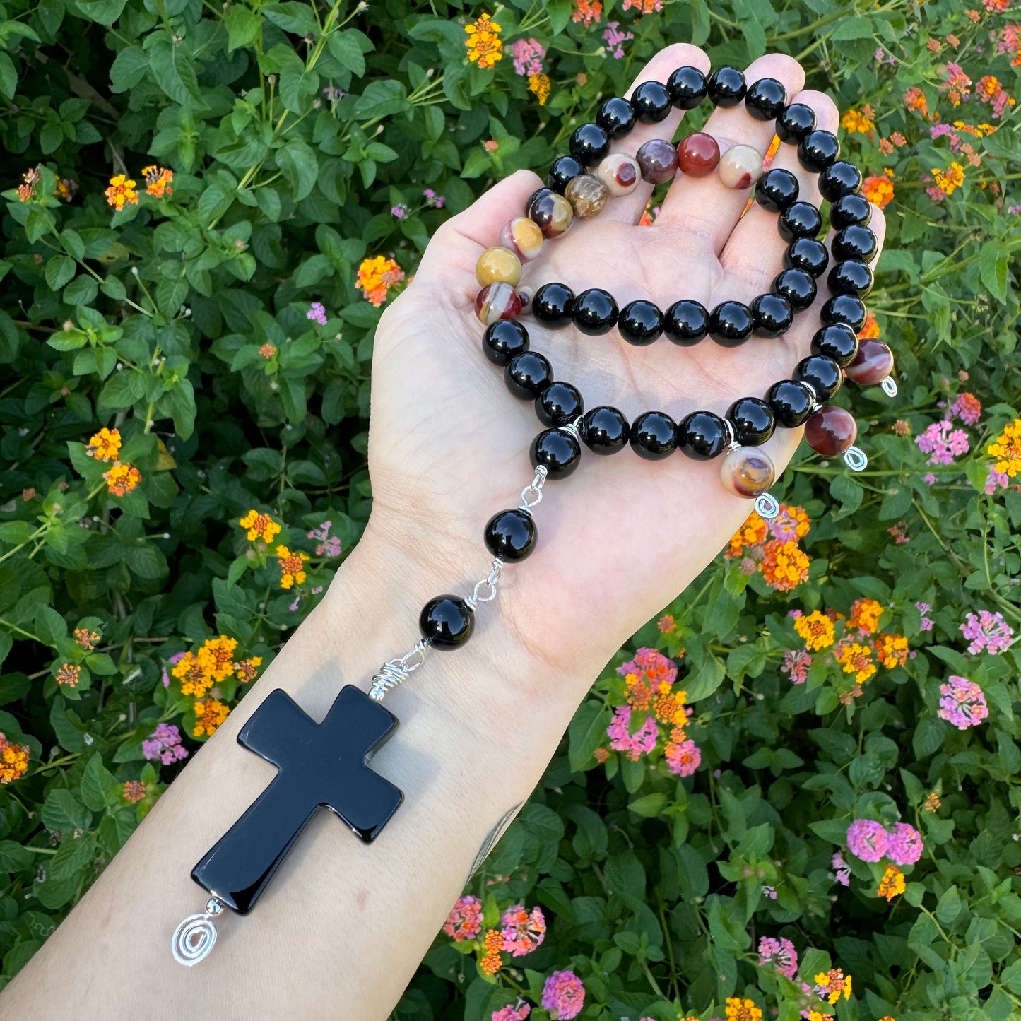 Rosary style black stone necklace, Onyx cross and Mookaite jasper necklace