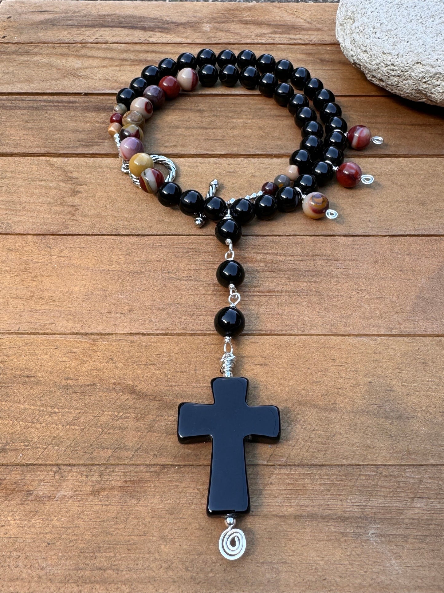 Rosary style black stone necklace, Onyx cross and Mookaite jasper necklace
