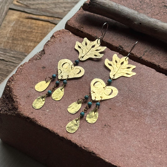 Sacred Heart, Leaf & Crescent Moon Earrings with Turquoise accents