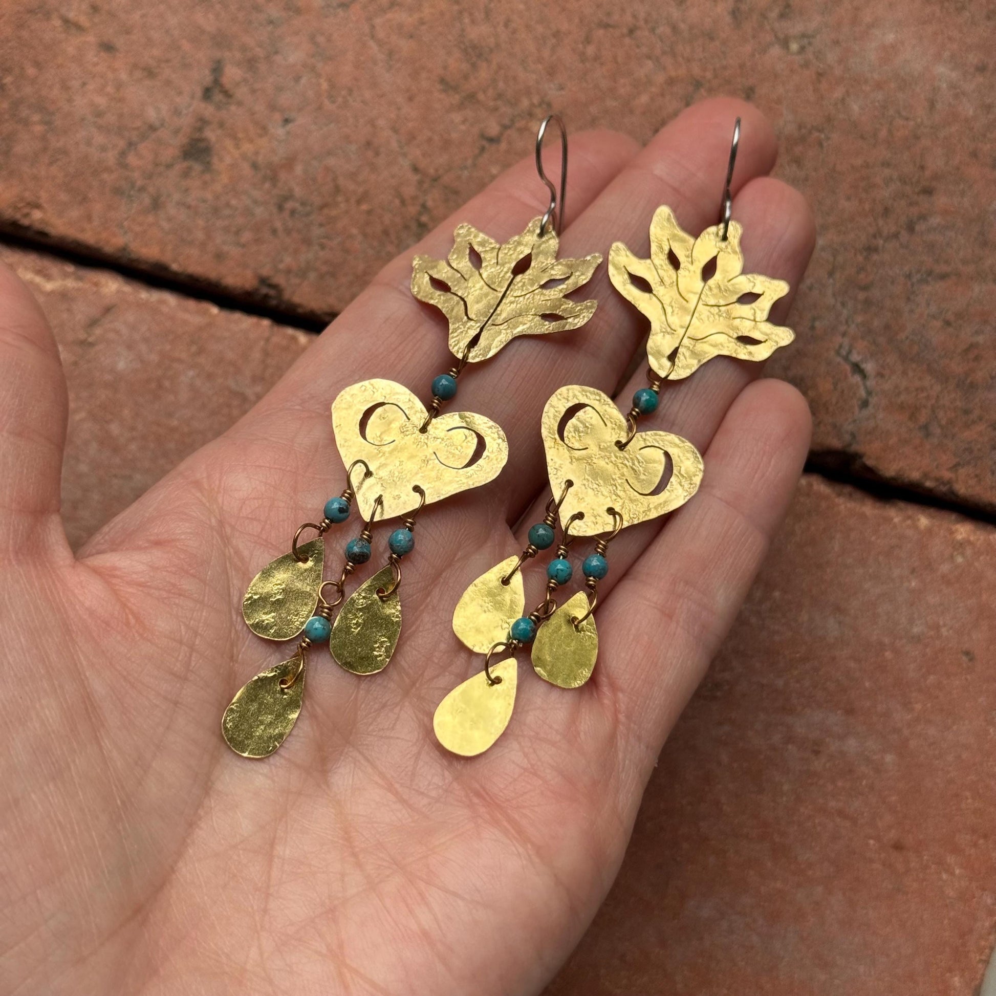 Sacred Heart, Leaf & Crescent Moon Earrings with Turquoise accents