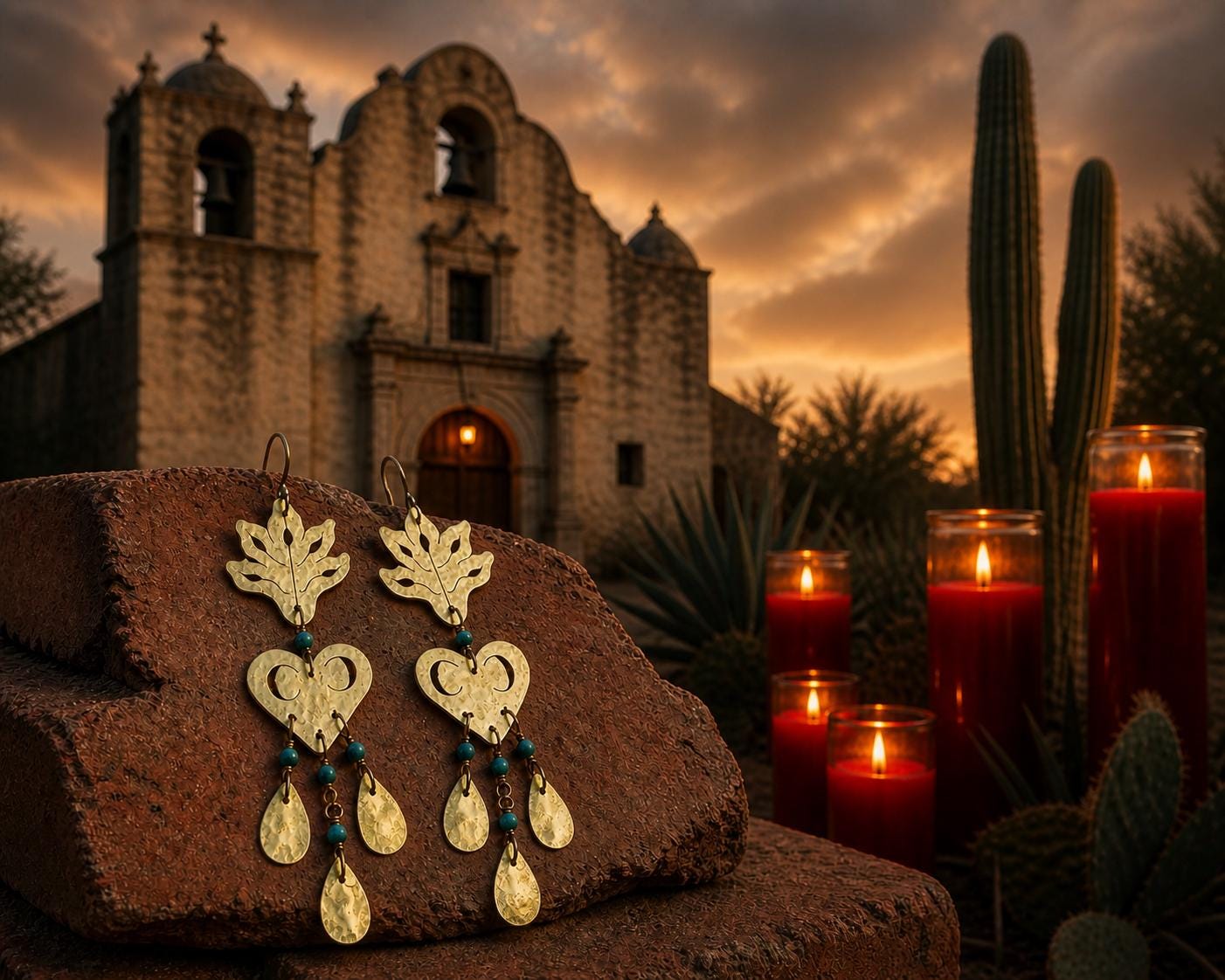 Sacred Heart, Leaf & Crescent Moon Earrings with Turquoise accents