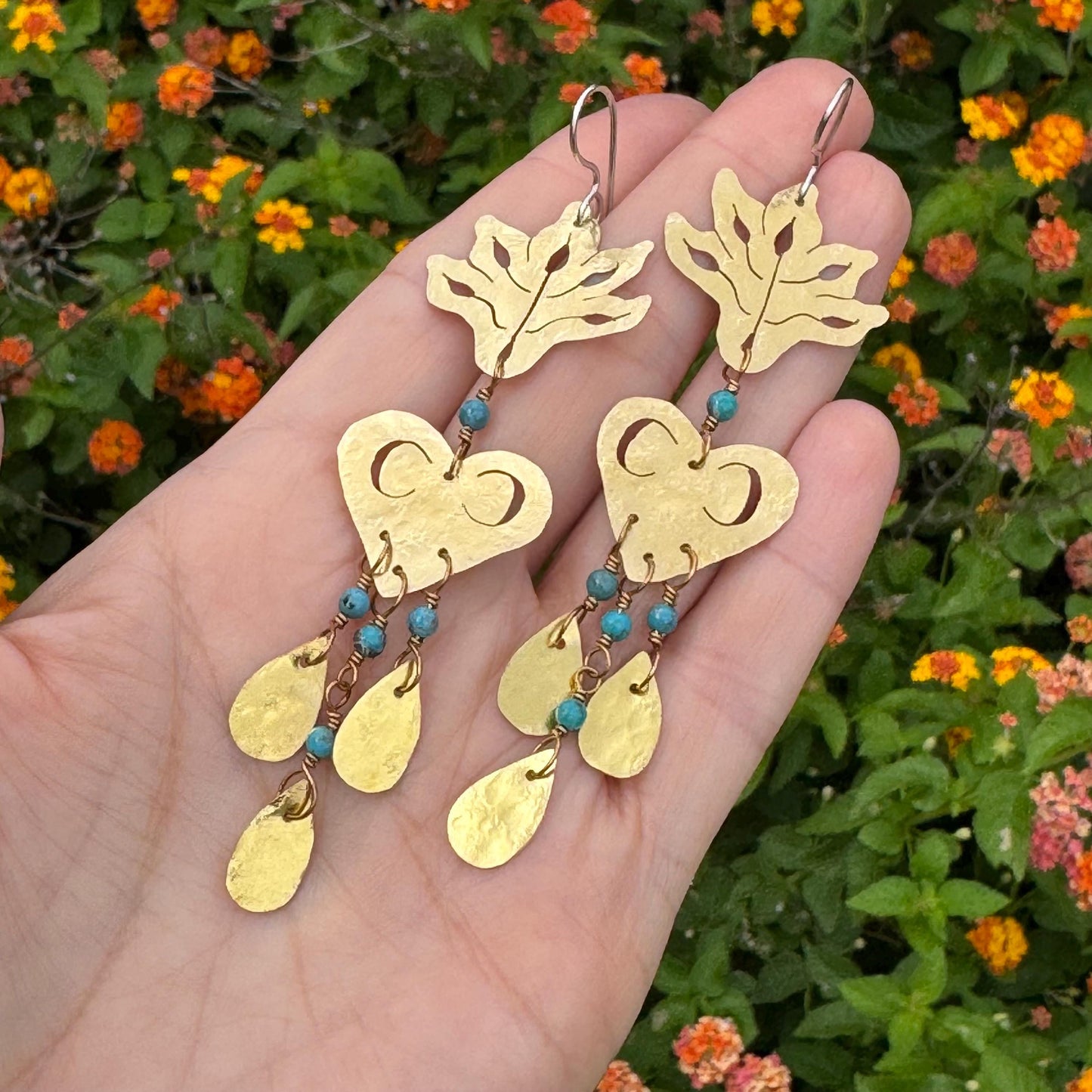Sacred Heart, Leaf & Crescent Moon Earrings with Turquoise accents