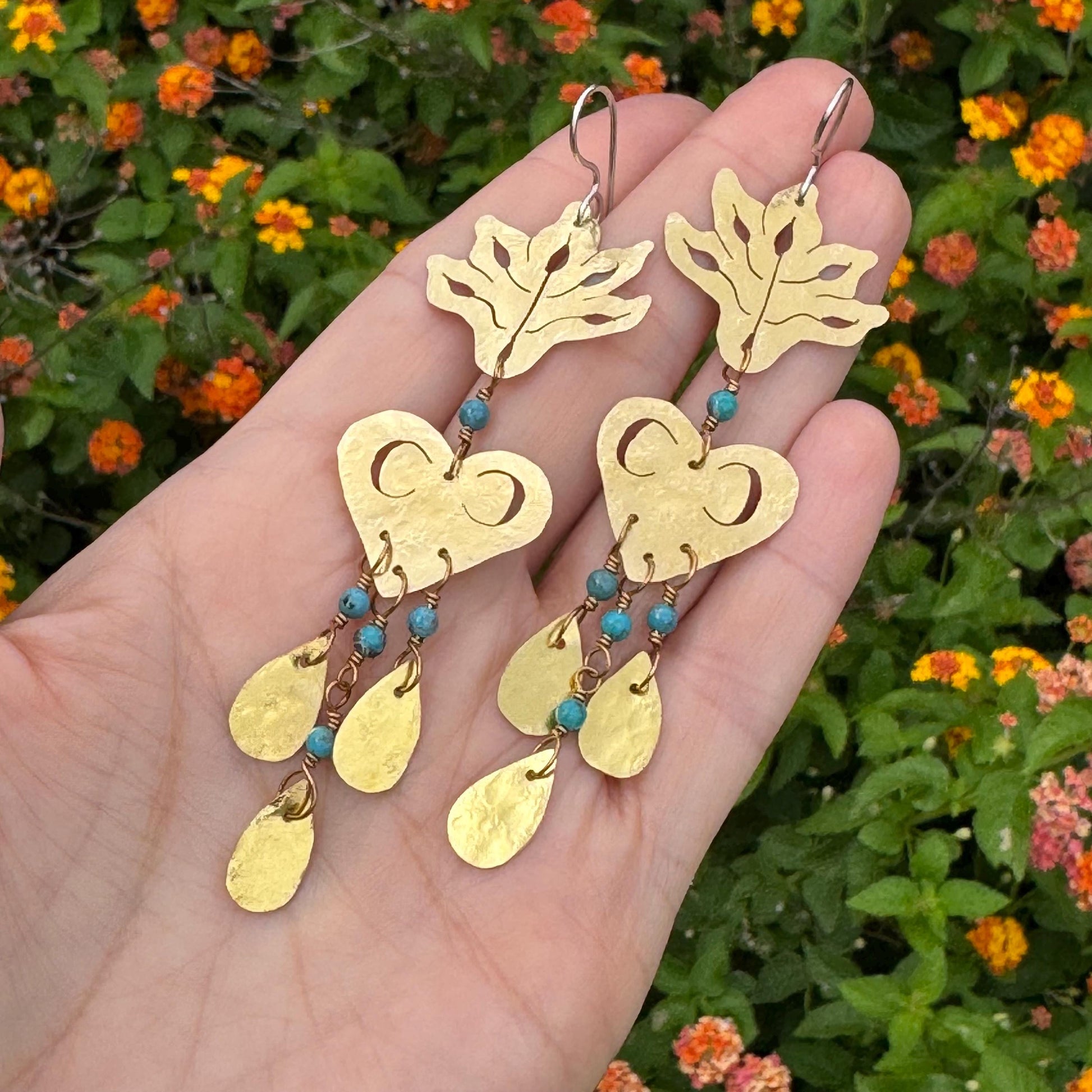 Sacred Heart, Leaf & Crescent Moon Earrings with Turquoise accents