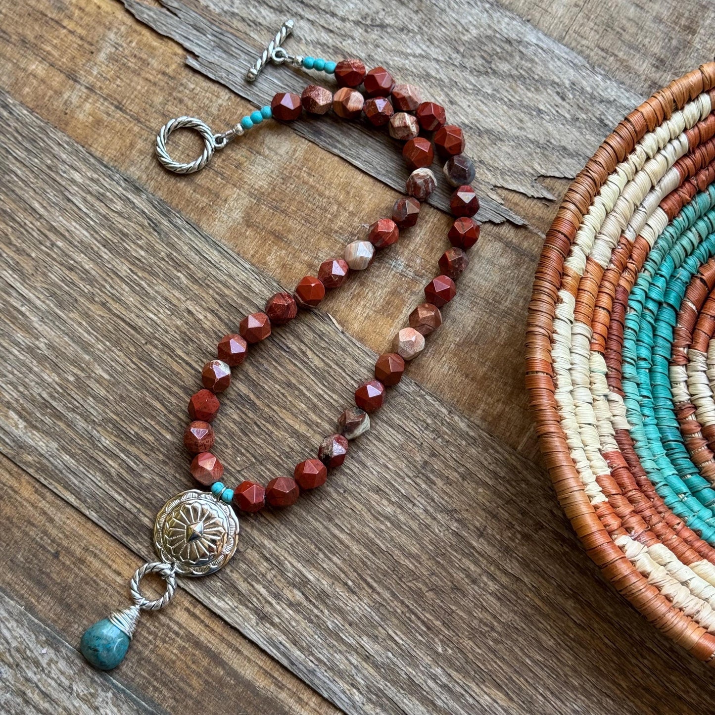 Santa Fe Style Jasper Necklace with Silver Plated Concho & Turquoise Drop