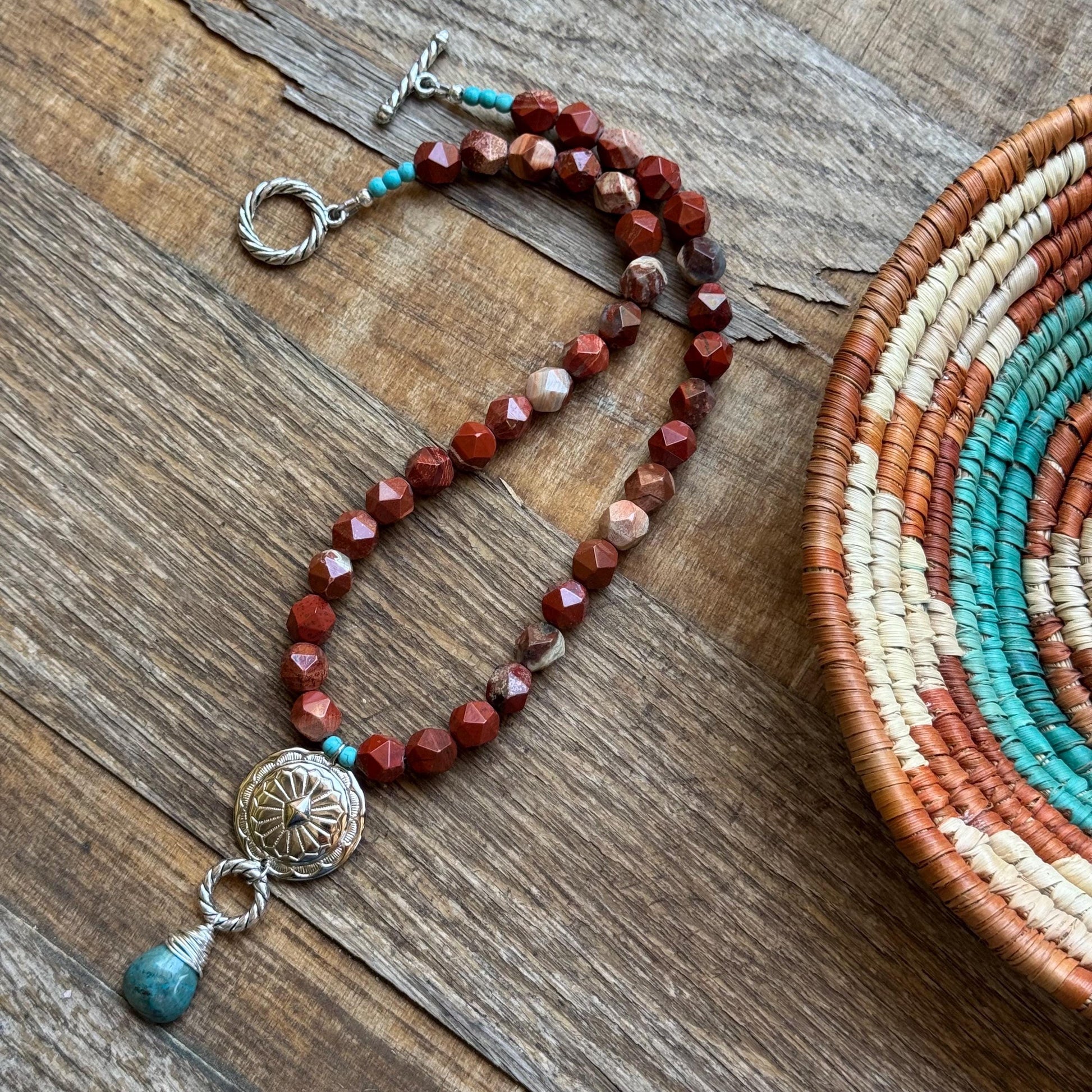 Santa Fe Style Jasper Necklace with Silver Plated Concho & Turquoise Drop