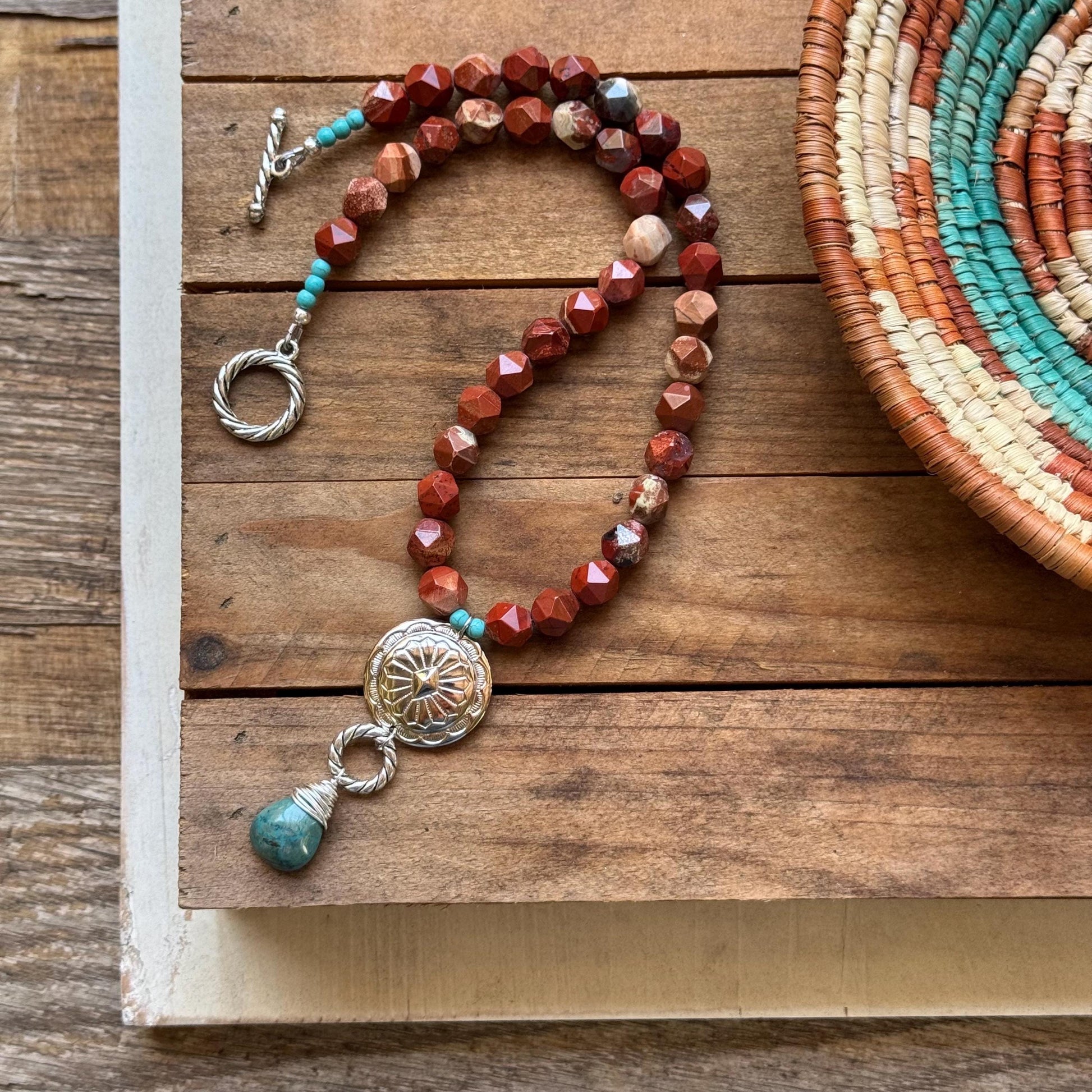 Santa Fe Style Jasper Necklace with Silver Plated Concho & Turquoise Drop
