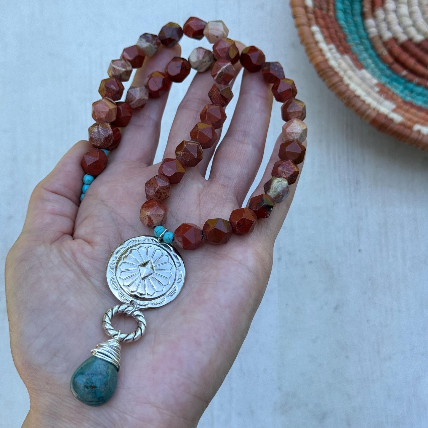 Santa Fe Style Jasper Necklace with Silver Plated Concho & Turquoise Drop