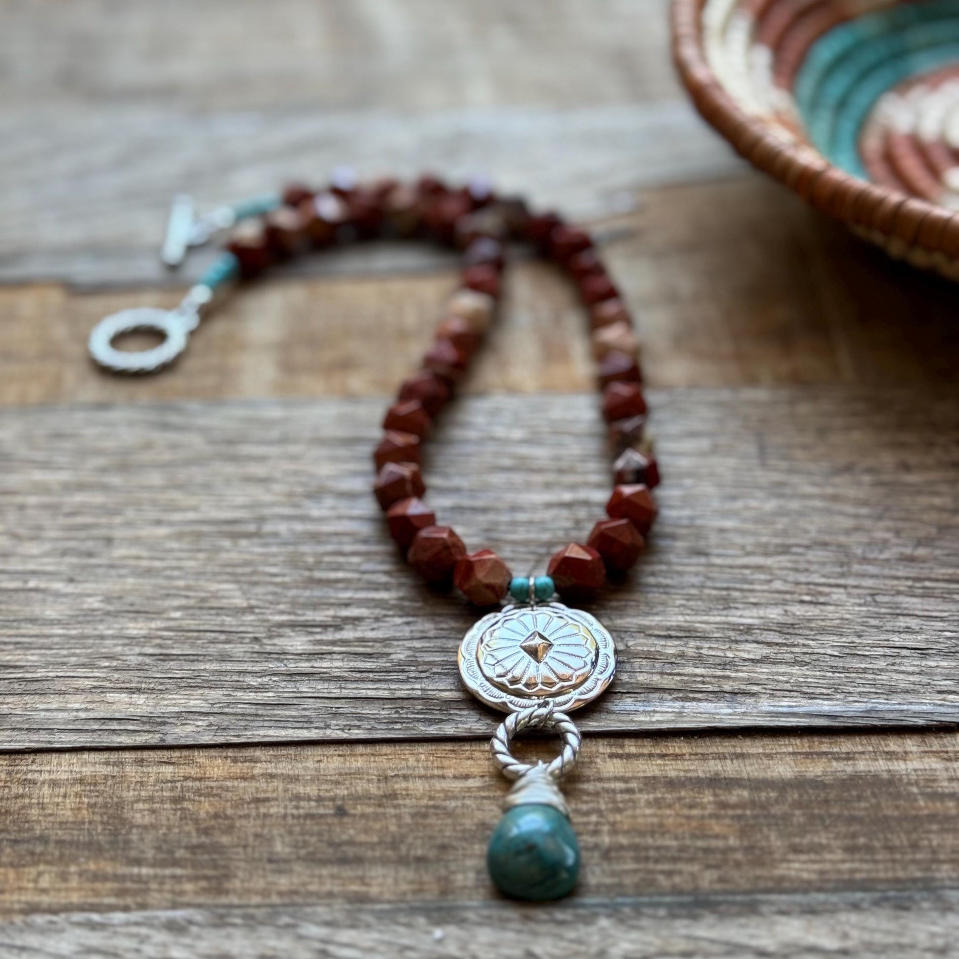 Santa Fe Style Jasper Necklace with Silver Plated Concho & Turquoise Drop