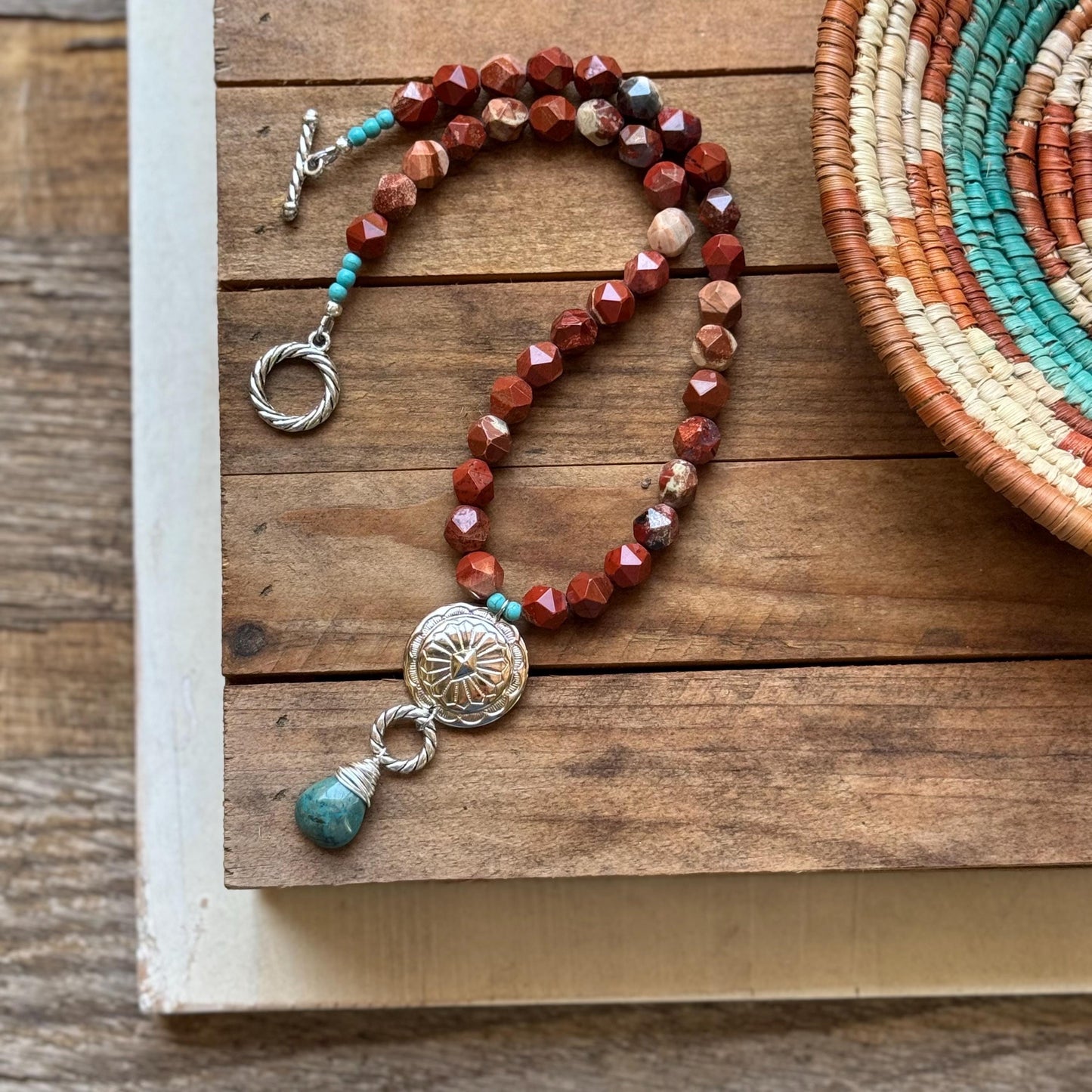 Santa Fe Style Jasper Necklace with Silver Plated Concho & Turquoise Drop