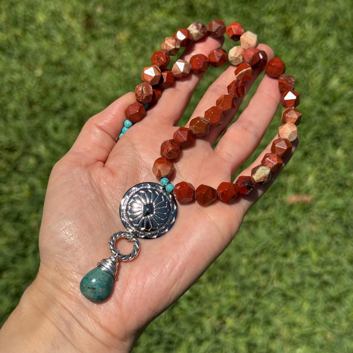 Santa Fe Style Jasper Necklace with Silver Plated Concho & Turquoise Drop