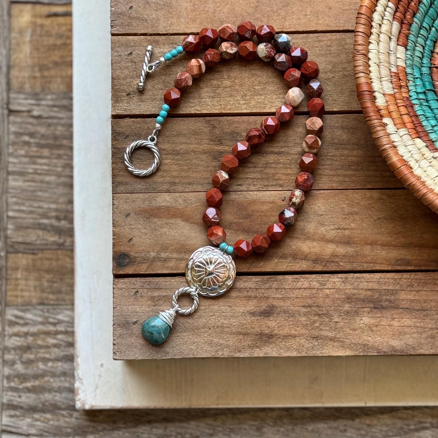 Santa Fe Style Jasper Necklace with Silver Plated Concho & Turquoise Drop