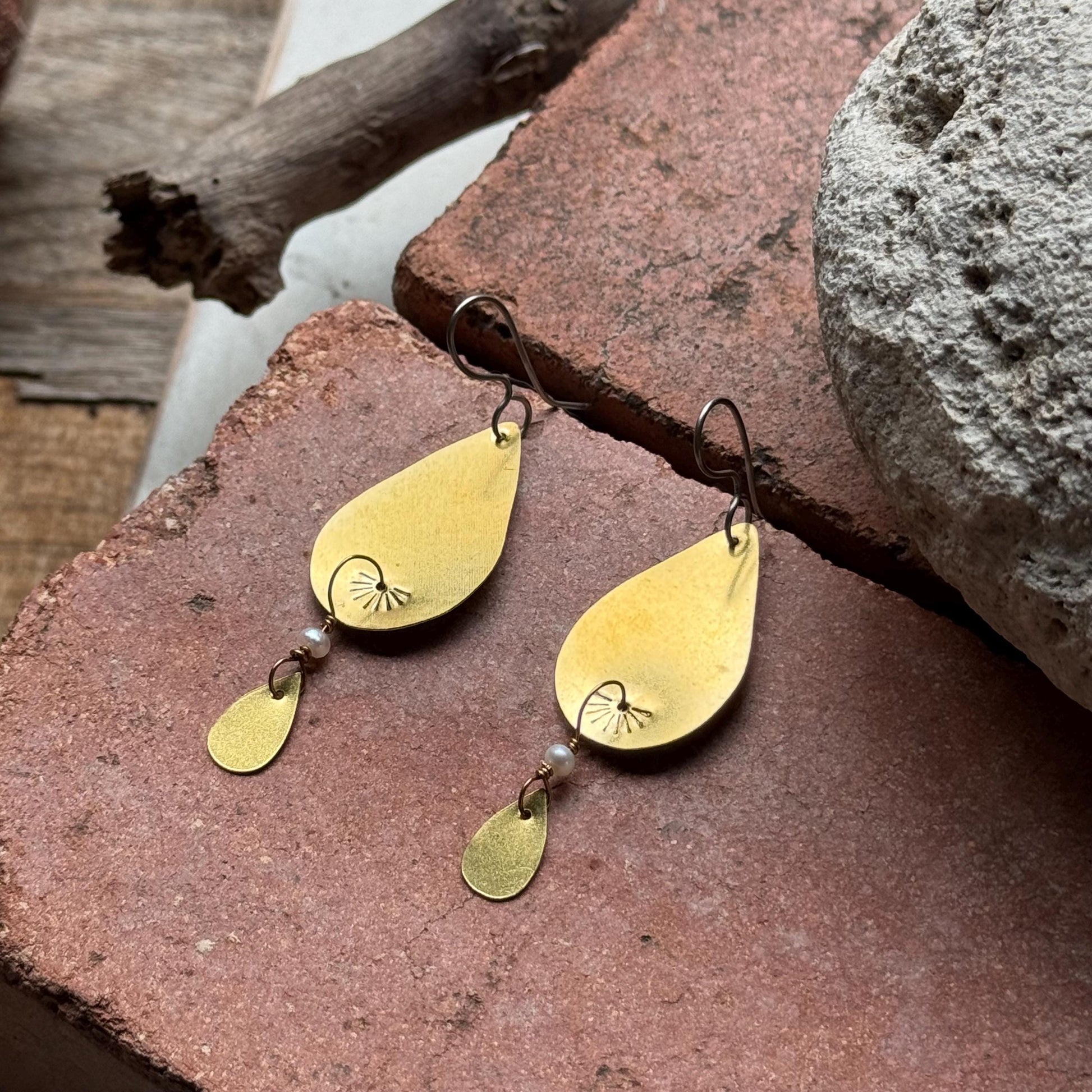 Simple Brass Teardrop Earrings with Pearl Drop – Handmade Stamped Boho Minimal Jewelry