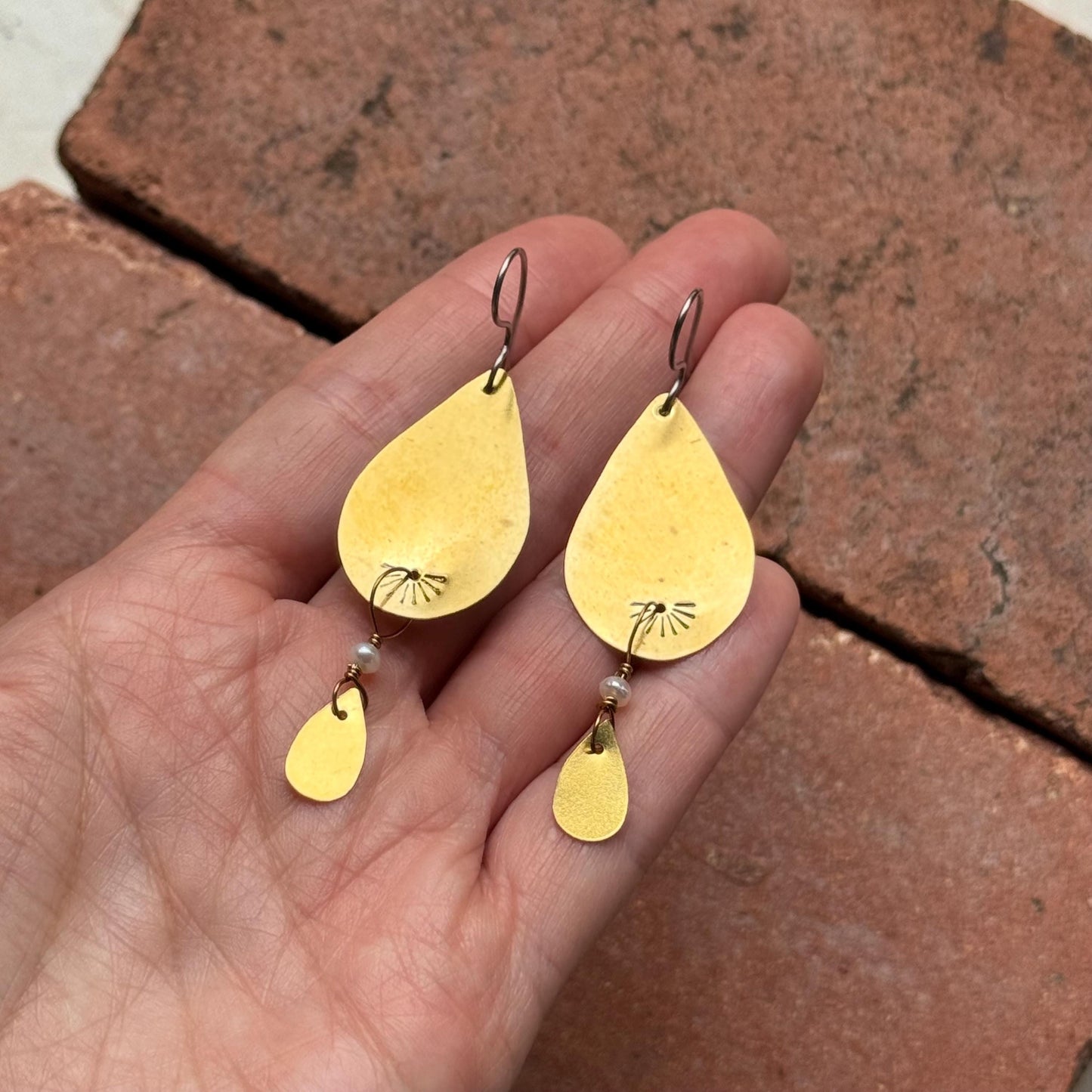 Simple Brass Teardrop Earrings with Pearl Drop – Handmade Stamped Boho Minimal Jewelry