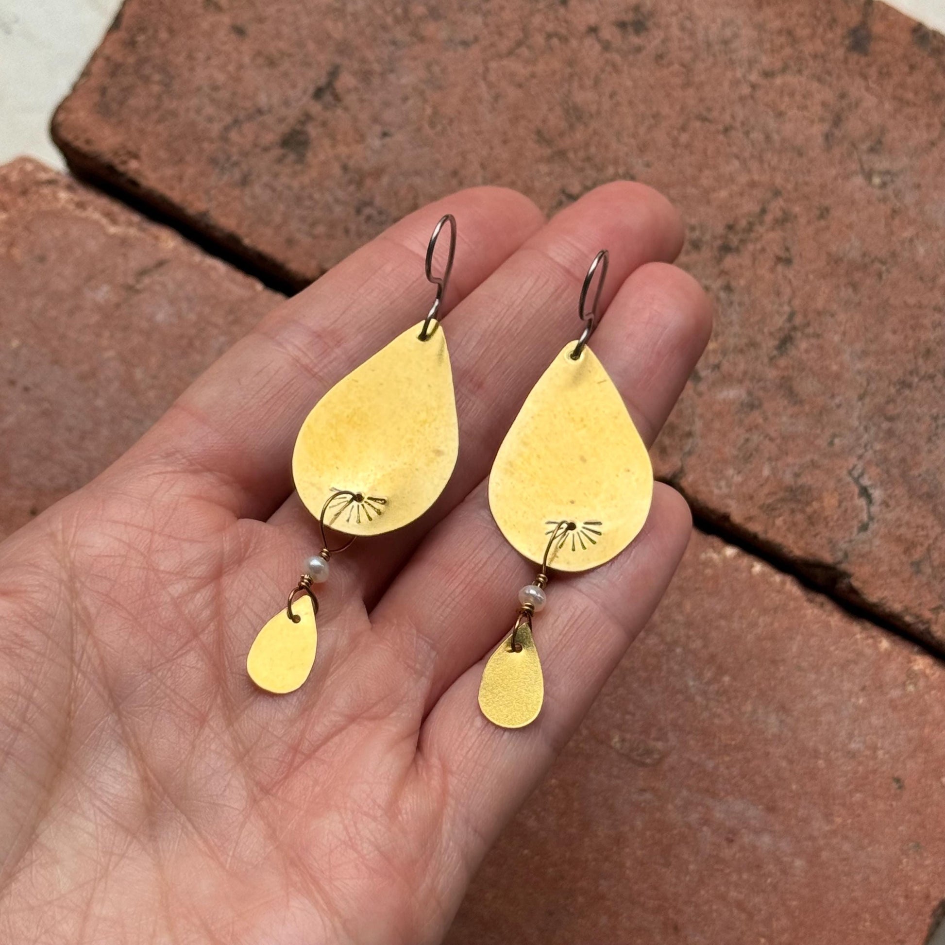 Simple Brass Teardrop Earrings with Pearl Drop – Handmade Stamped Boho Minimal Jewelry