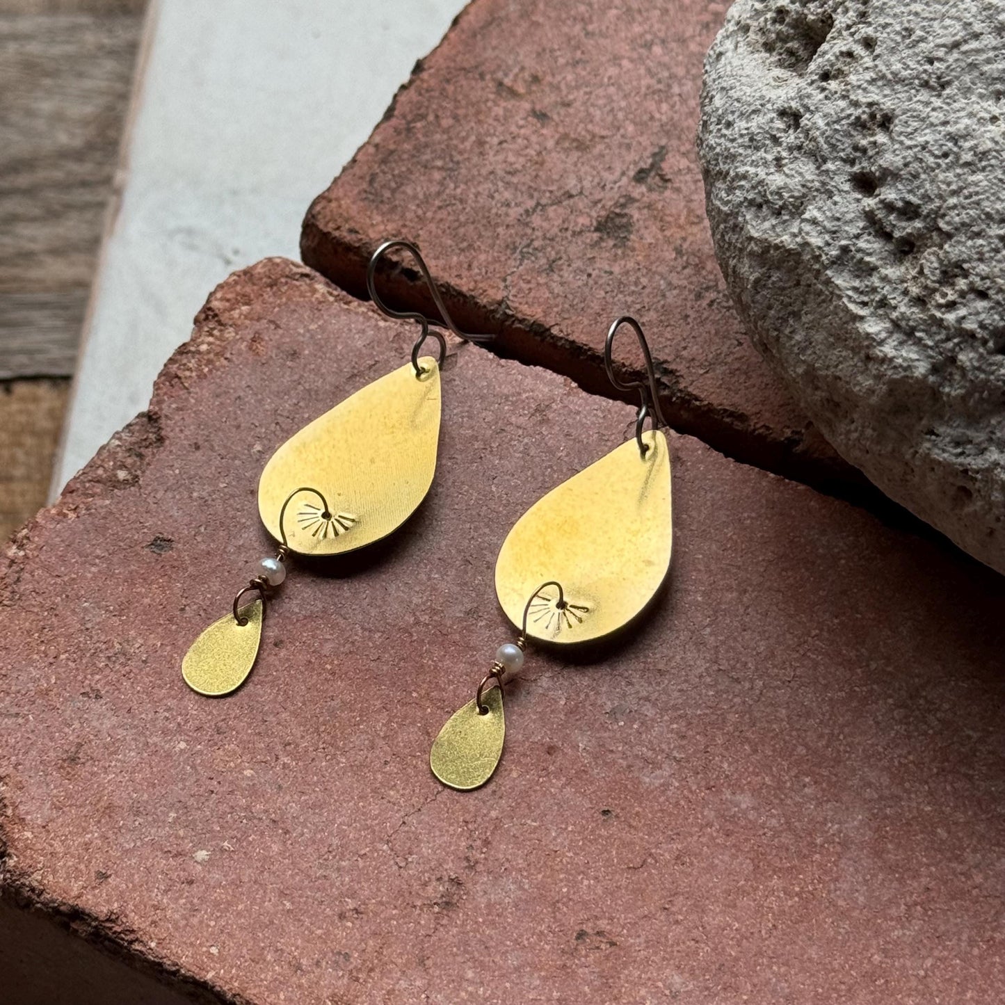 Simple Brass Teardrop Earrings with Pearl Drop – Handmade Stamped Boho Minimal Jewelry