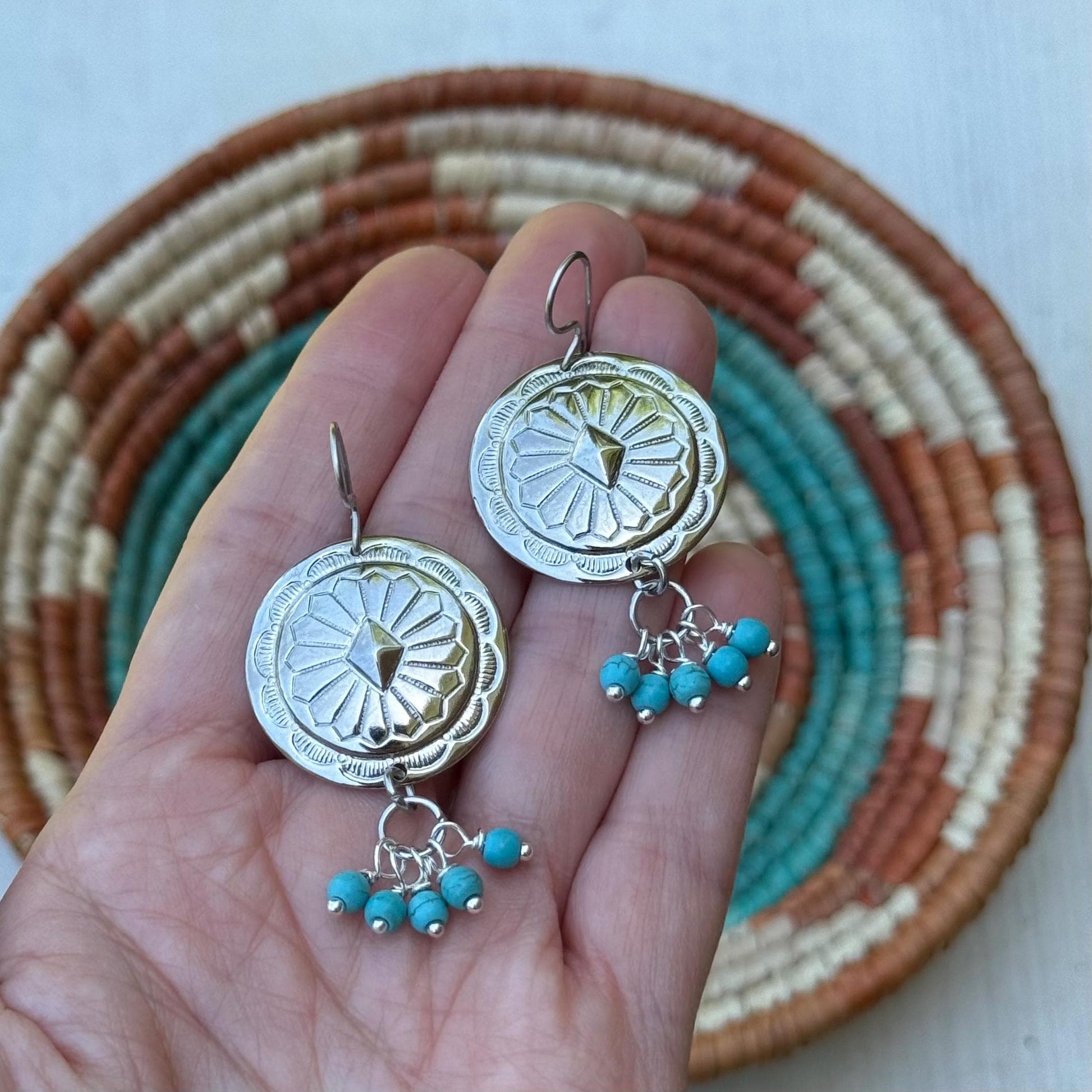 Southwestern Concho Earrings with Blue Stone Clusters | Western Boho Style