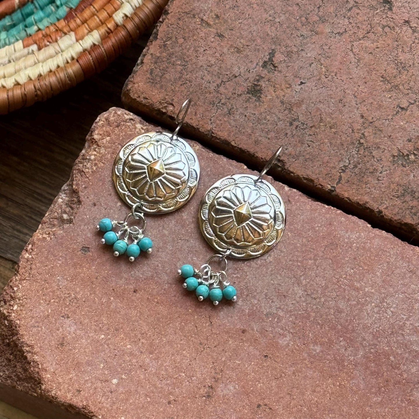Southwestern Concho Earrings with Blue Stone Clusters | Western Boho Style