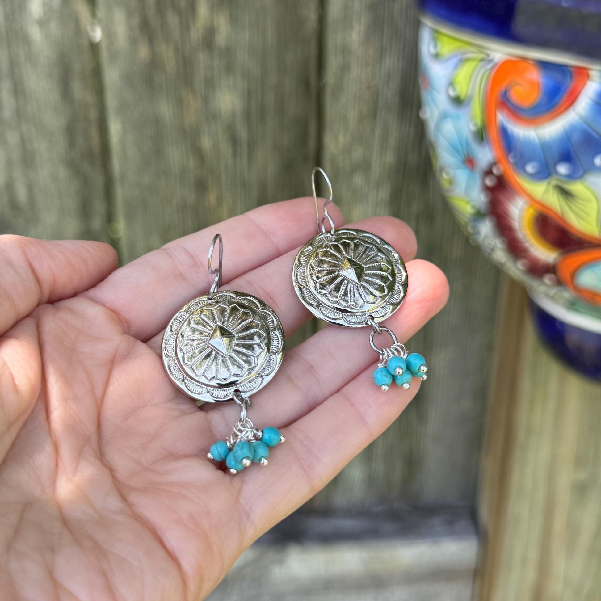Southwestern Concho Earrings with Blue Stone Clusters | Western Boho Style