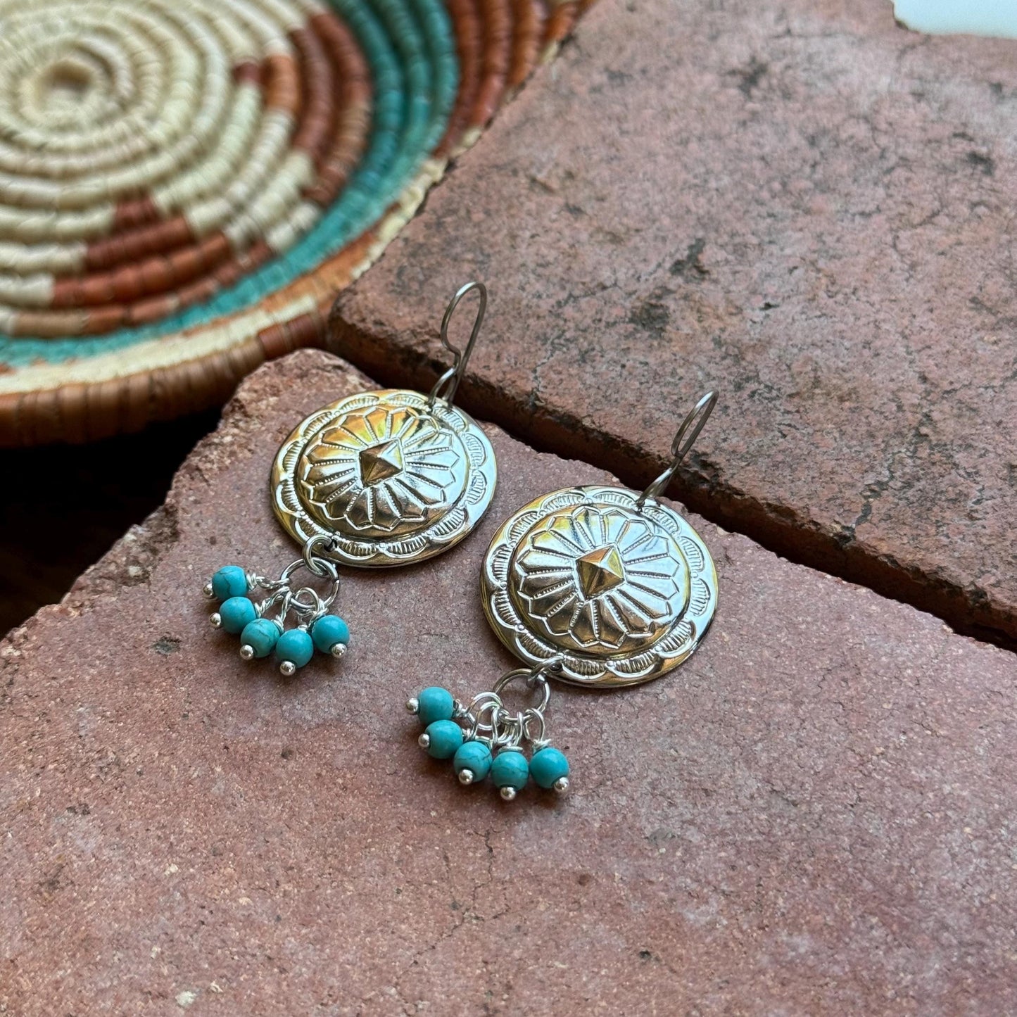 Southwestern Concho Earrings with Blue Stone Clusters | Western Boho Style