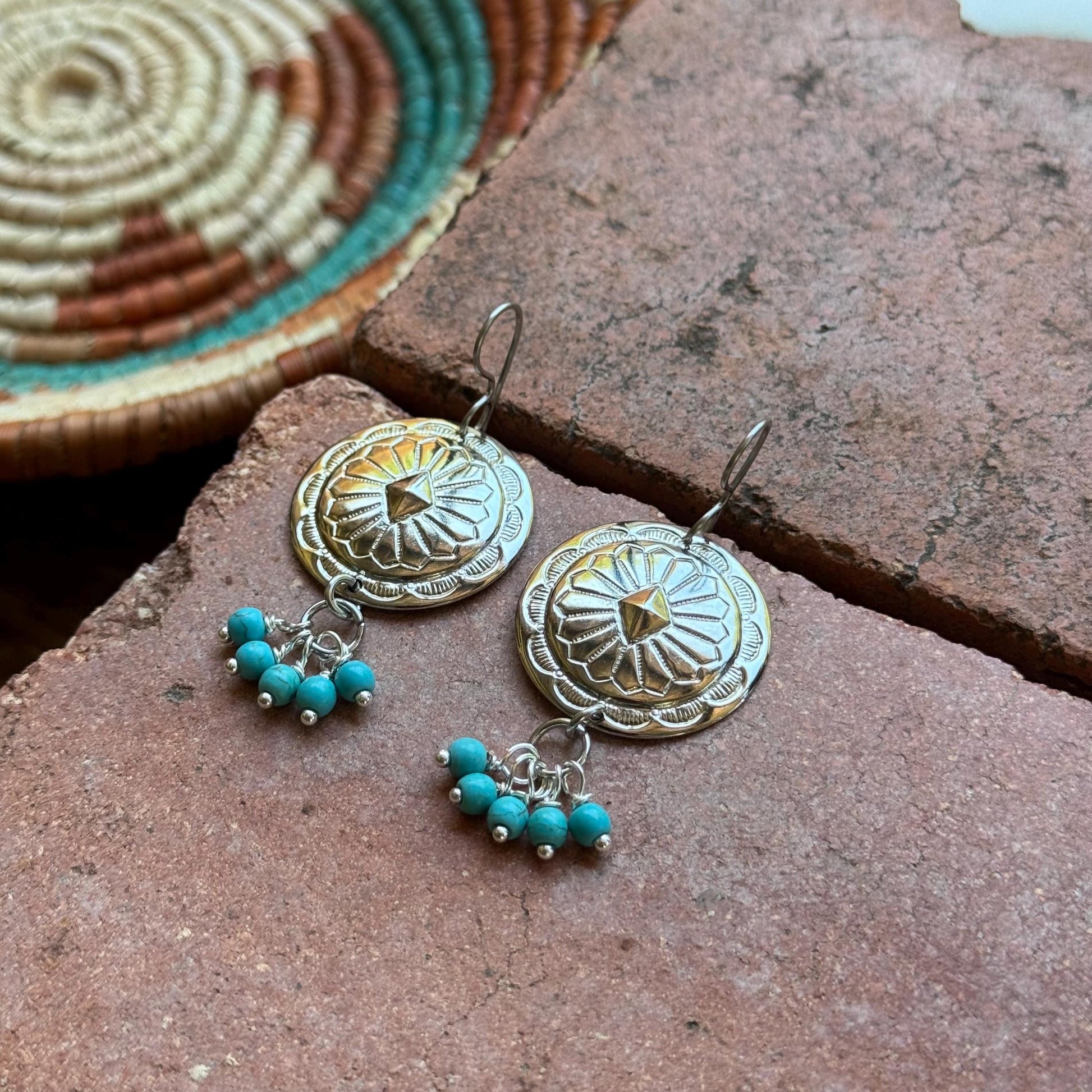 Southwestern Concho Earrings with Blue Stone Clusters | Western Boho Style