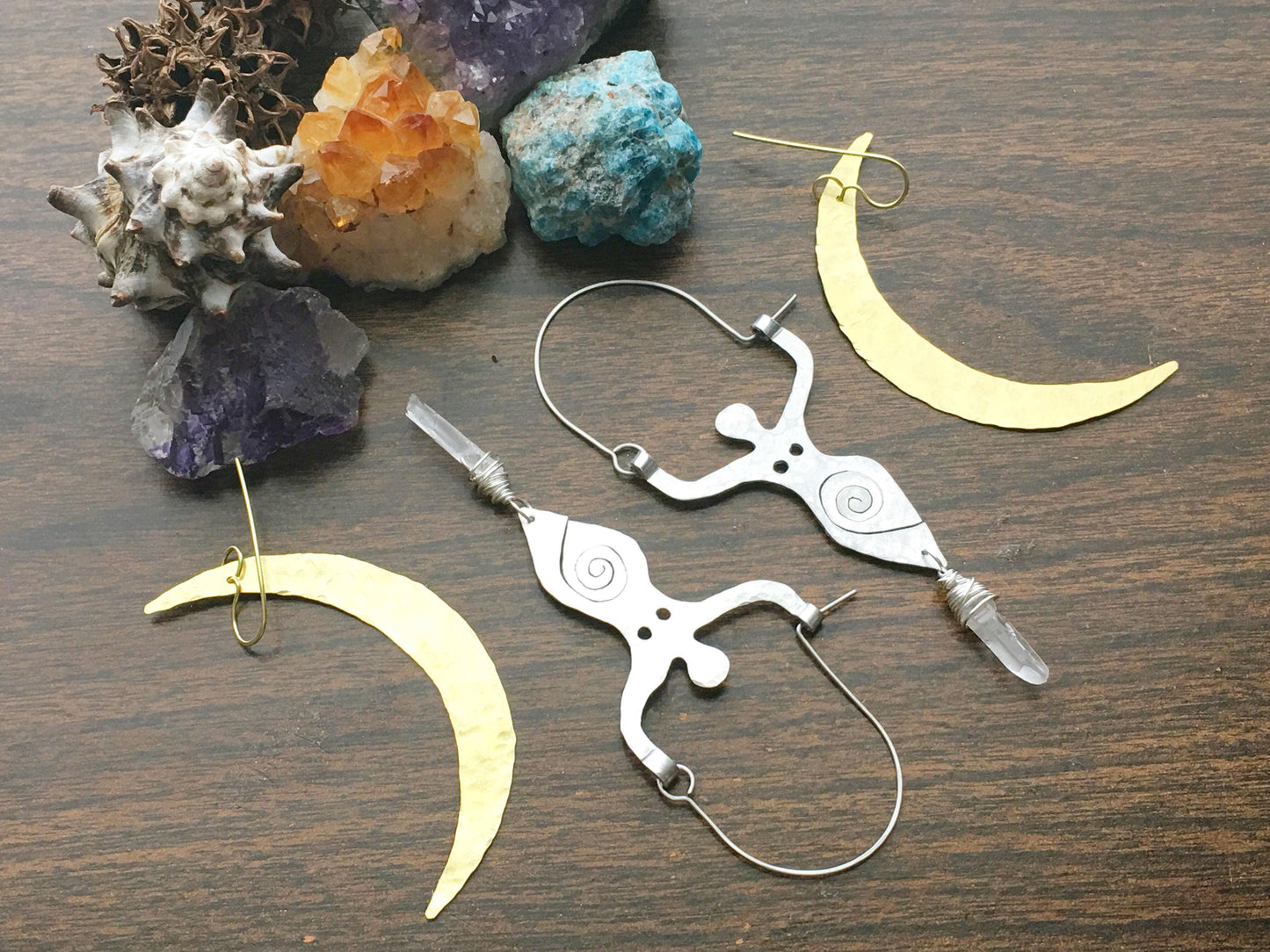 Spiral Goddess Earrings: Handmade Aluminum & Crystal Jewelry