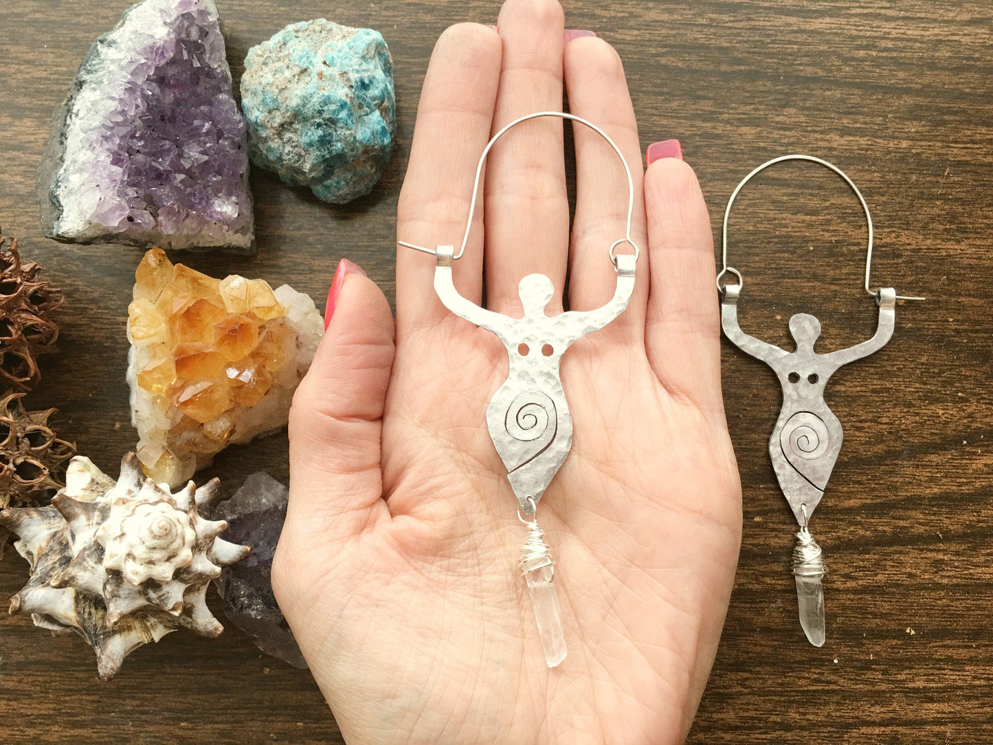 Spiral Goddess Earrings: Handmade Aluminum & Crystal Jewelry