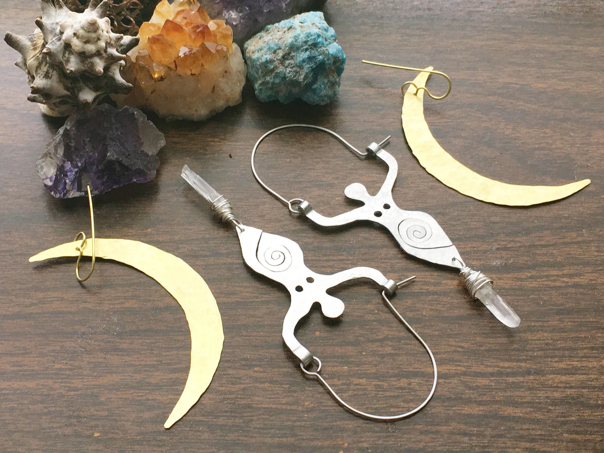 Spiral Goddess Earrings: Handmade Aluminum & Crystal Jewelry