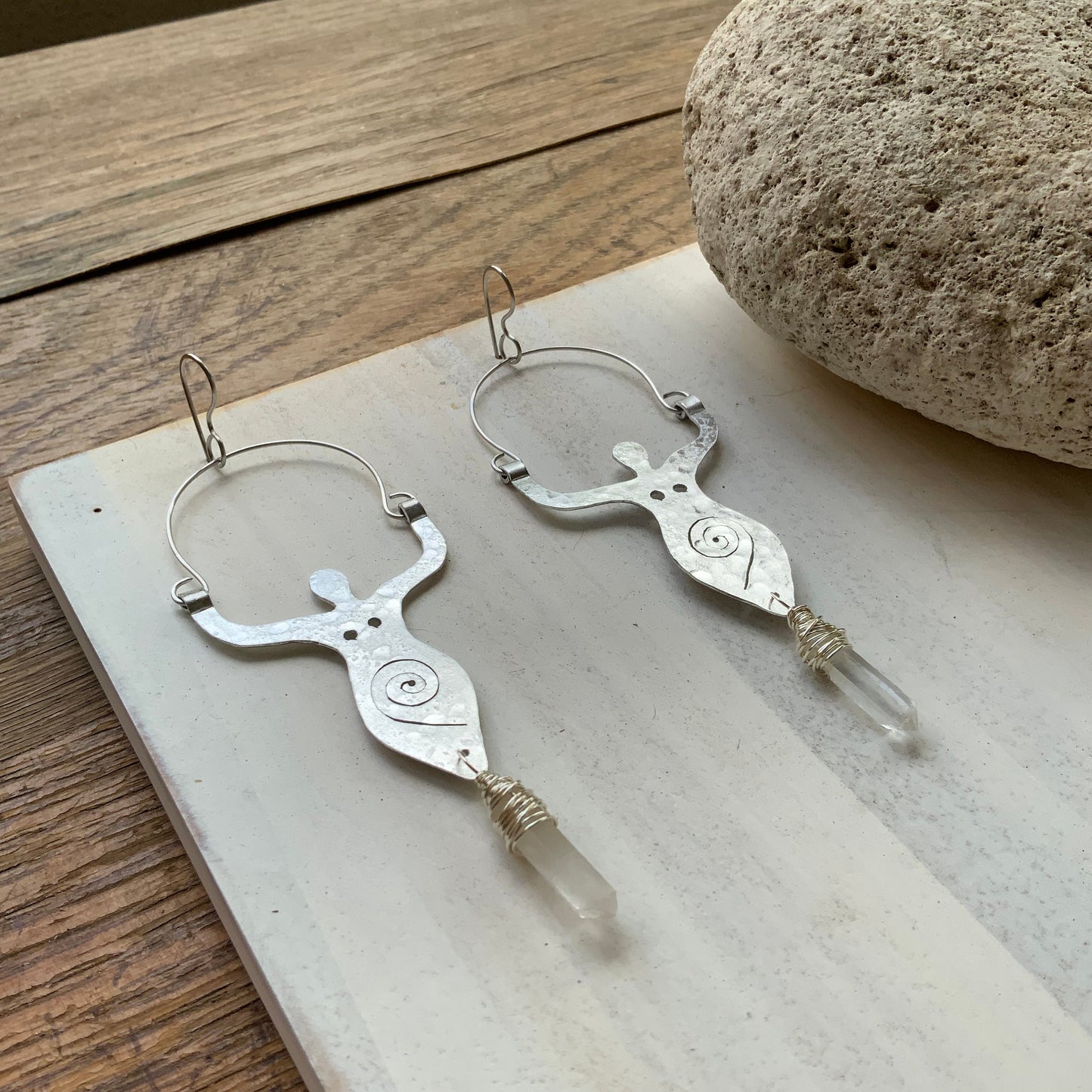 Spiral Goddess Earrings: Handmade Aluminum & Crystal Jewelry