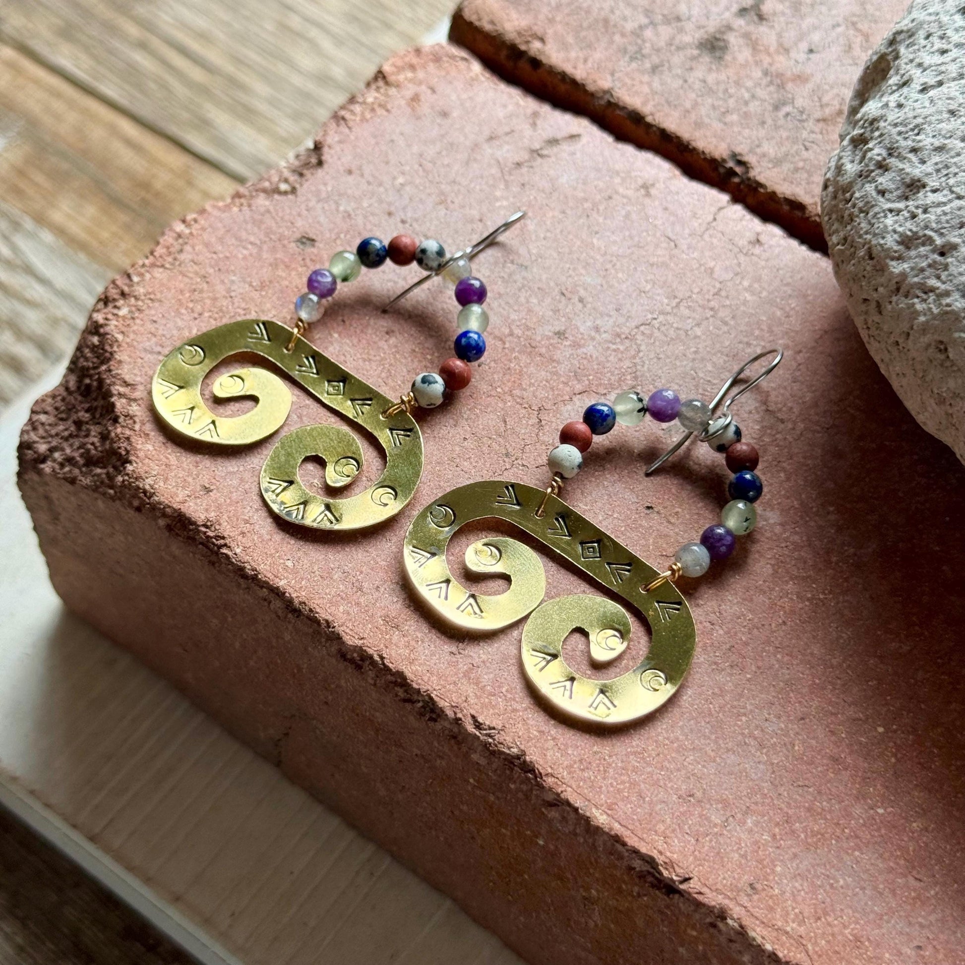 Temple Spiral Earrings – Hand Stamped Brass with Mixed Gemstone dangles
