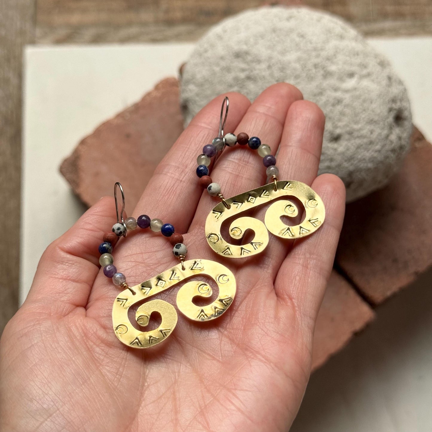 Temple Spiral Earrings – Hand Stamped Brass with Mixed Gemstone dangles