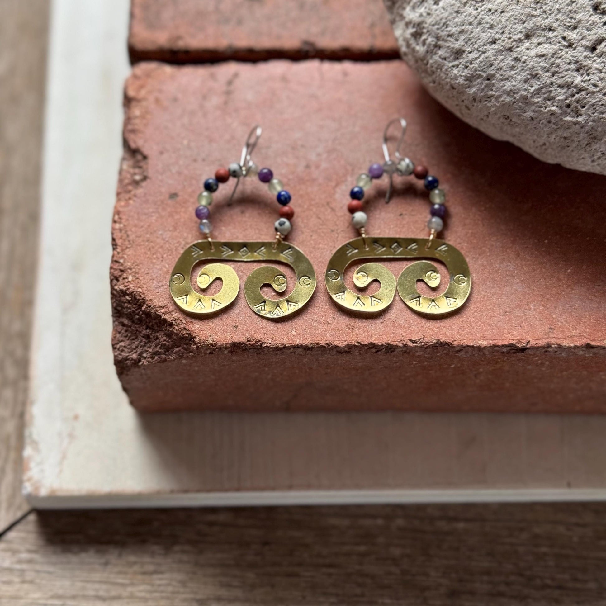 Temple Spiral Earrings – Hand Stamped Brass with Mixed Gemstone dangles