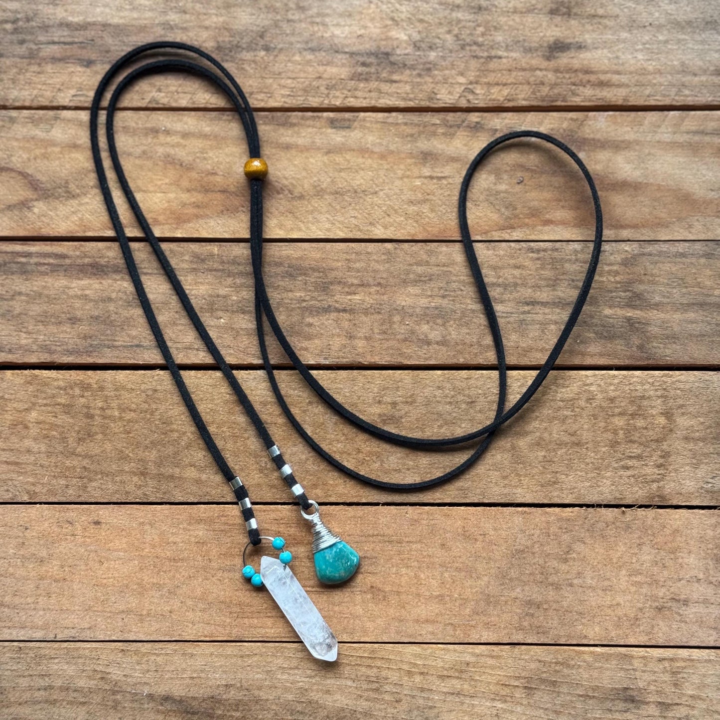 Turquoise & Quartz Crystal Bolo Tie –Vegan Suede Cord, Western Boho Necklace, Handmade Gemstone Jewelry