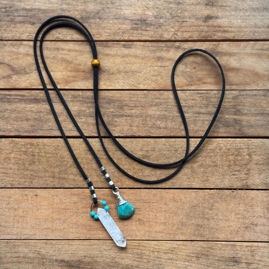 Turquoise & Quartz Crystal Bolo Tie –Vegan Suede Cord, Western Boho Necklace, Handmade Gemstone Jewelry