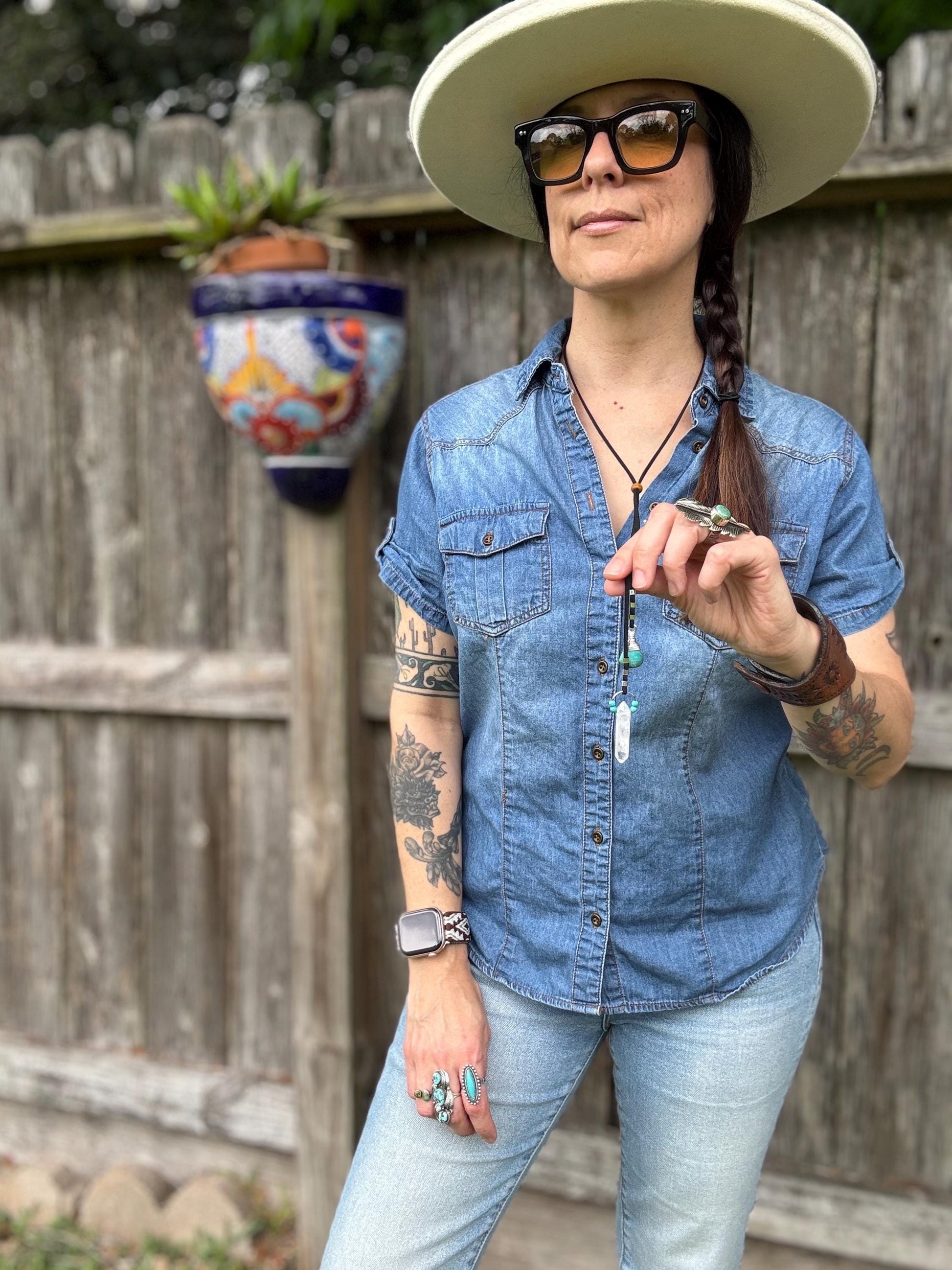 Turquoise & Quartz Crystal Bolo Tie –Vegan Suede Cord, Western Boho Necklace, Handmade Gemstone Jewelry