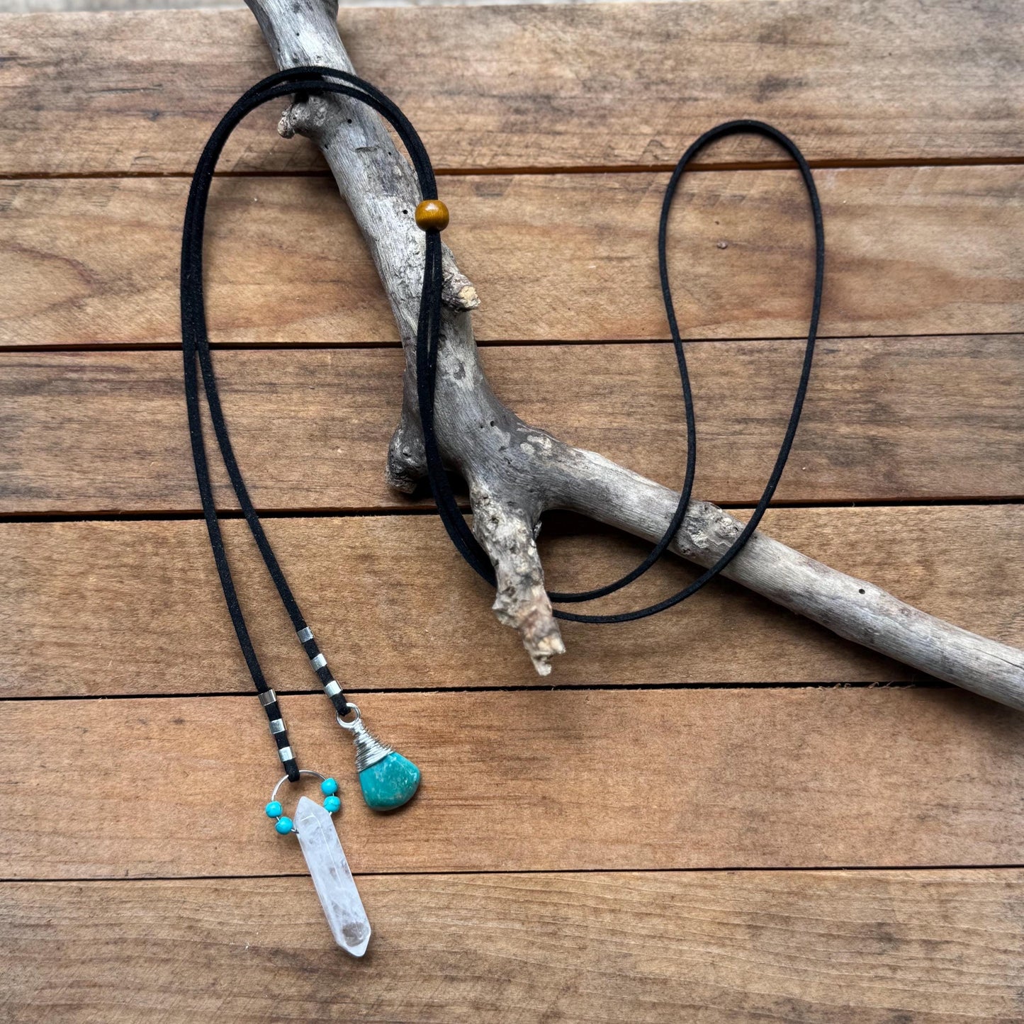Turquoise & Quartz Crystal Bolo Tie –Vegan Suede Cord, Western Boho Necklace, Handmade Gemstone Jewelry