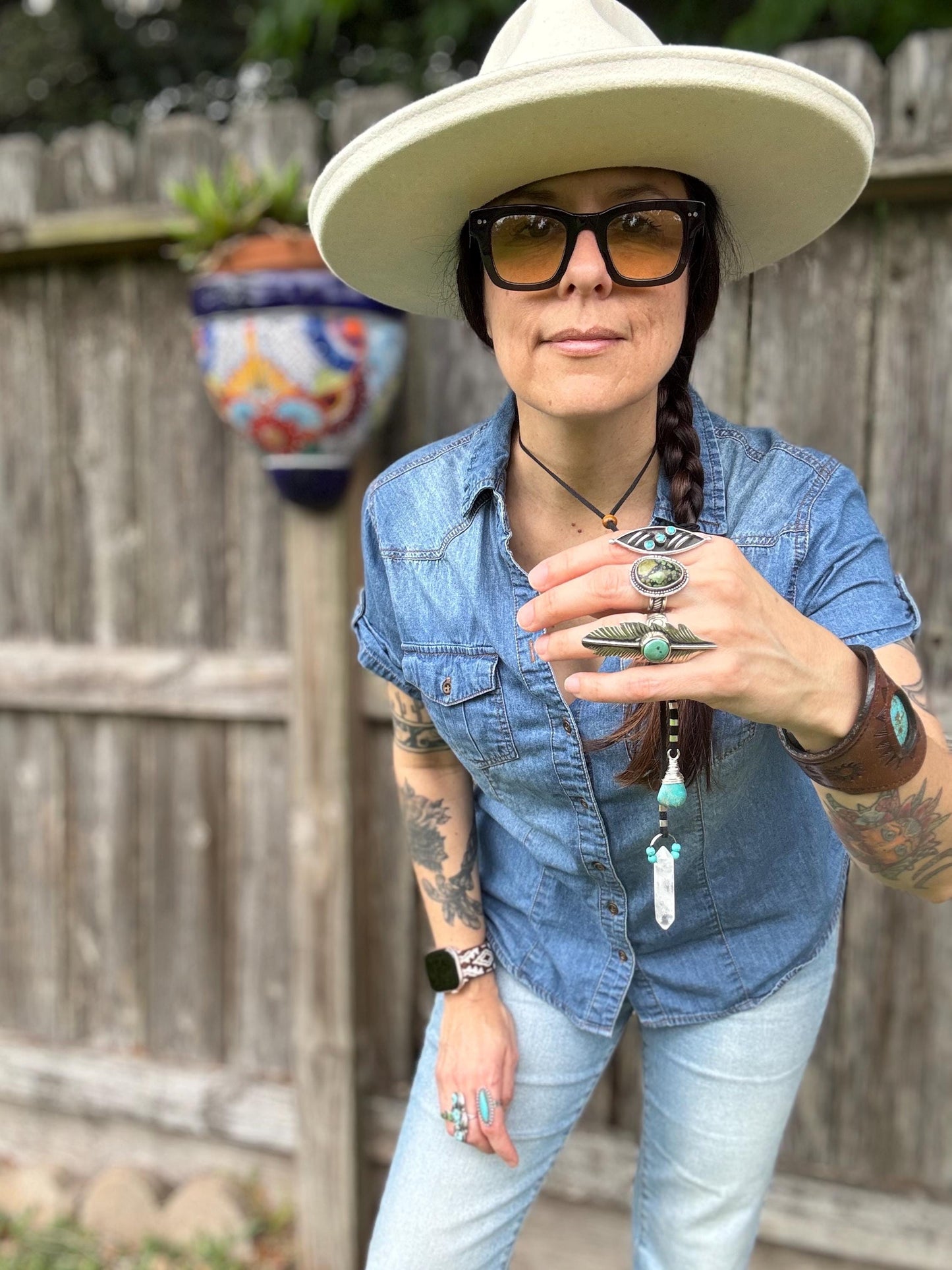 Turquoise & Quartz Crystal Bolo Tie –Vegan Suede Cord, Western Boho Necklace, Handmade Gemstone Jewelry