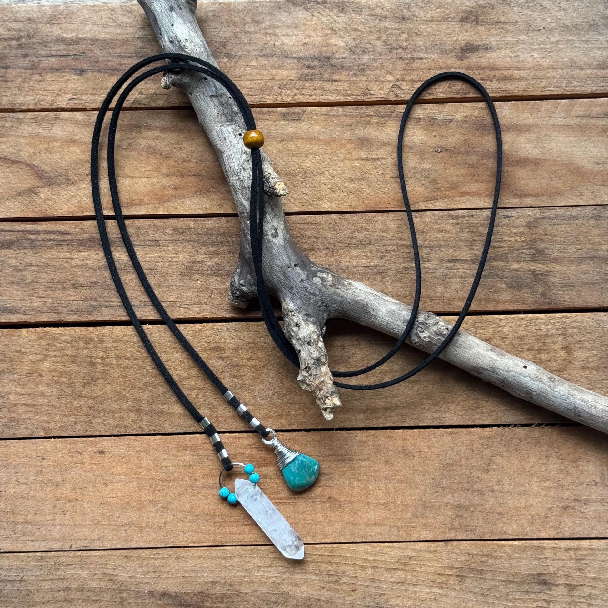 Turquoise & Quartz Crystal Bolo Tie –Vegan Suede Cord, Western Boho Necklace, Handmade Gemstone Jewelry