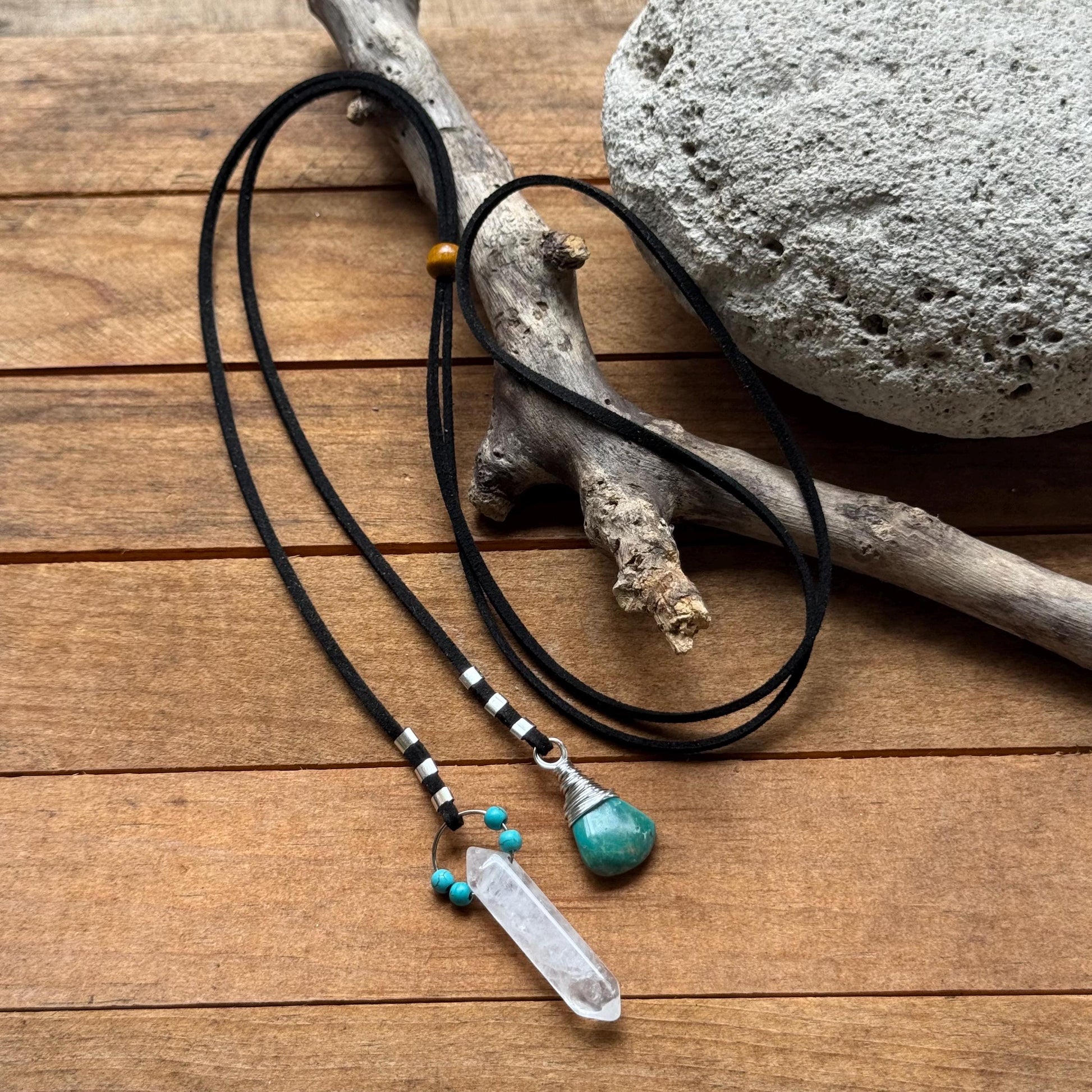 Turquoise & Quartz Crystal Bolo Tie –Vegan Suede Cord, Western Boho Necklace, Handmade Gemstone Jewelry