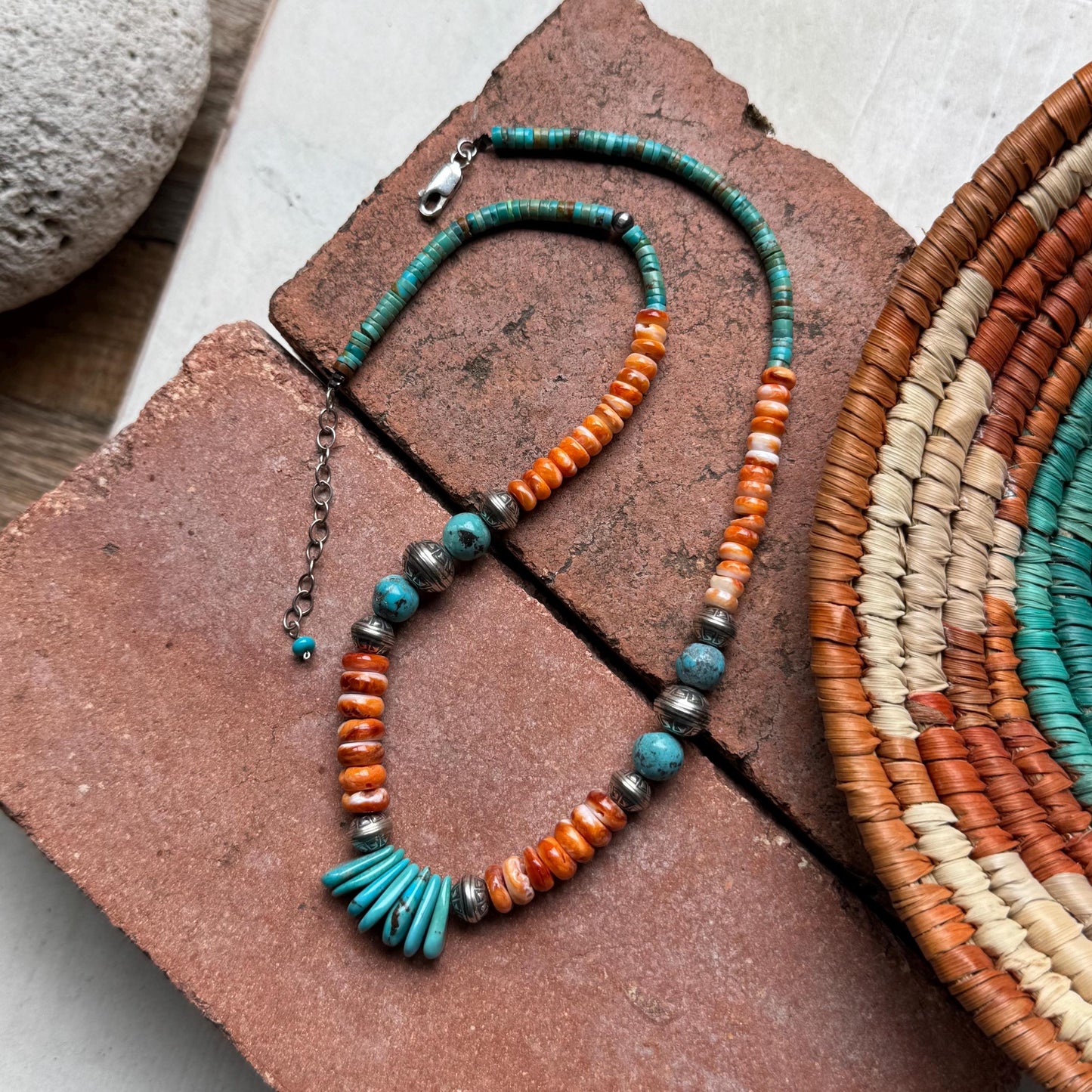 Turquoise & Spiny Oyster Statement Necklace, Sterling Silver Southwestern Jewelry