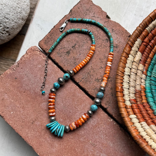 Turquoise & Spiny Oyster Statement Necklace, Sterling Silver Southwestern Jewelry