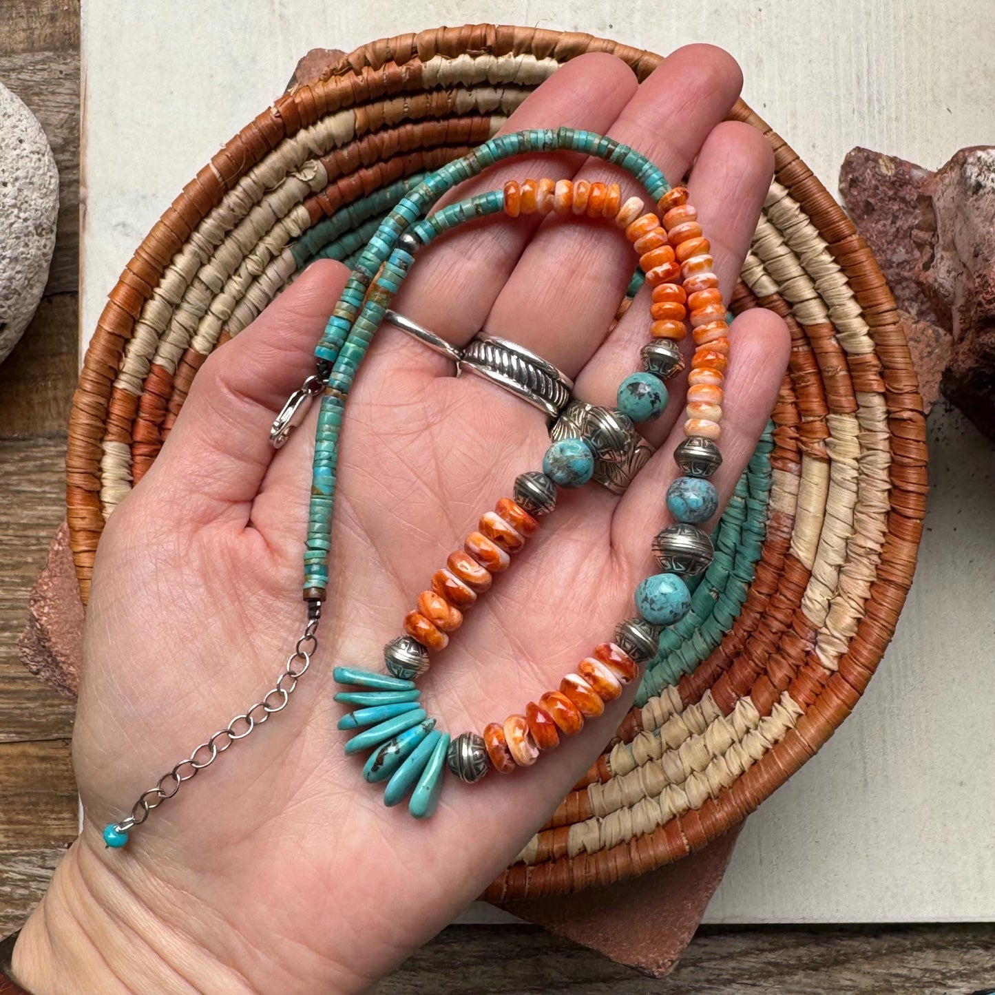 Turquoise & Spiny Oyster Statement Necklace, Sterling Silver Southwestern Jewelry