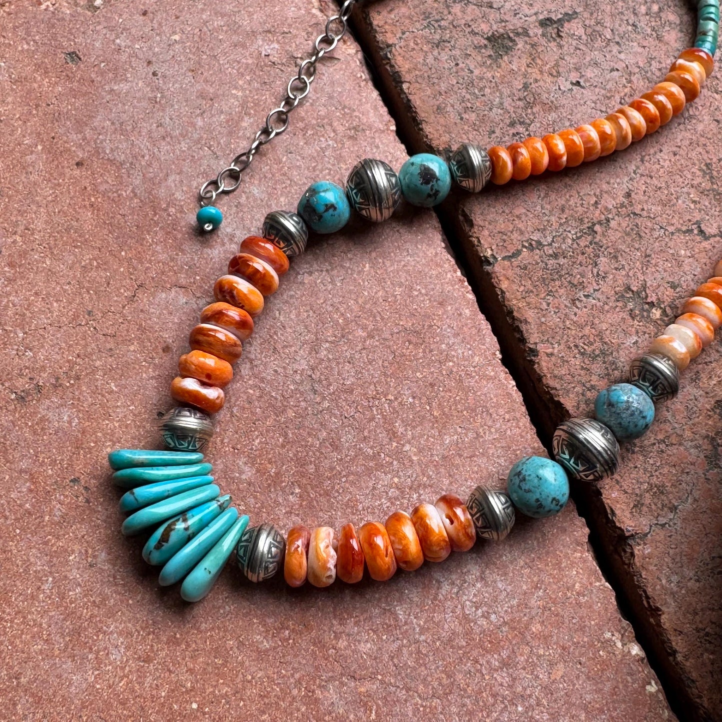 Turquoise & Spiny Oyster Statement Necklace, Sterling Silver Southwestern Jewelry